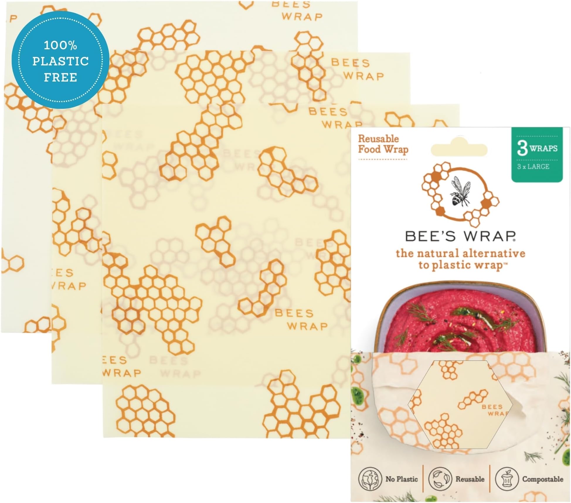 Bee's Wrap Set of 3 s - Large (33 x 35 cm), Beige | Organic Beeswax Wraps - Plastic Free - Reusable Food Storage - Cheese, Produce, Bowls & Leftovers - Made in USA