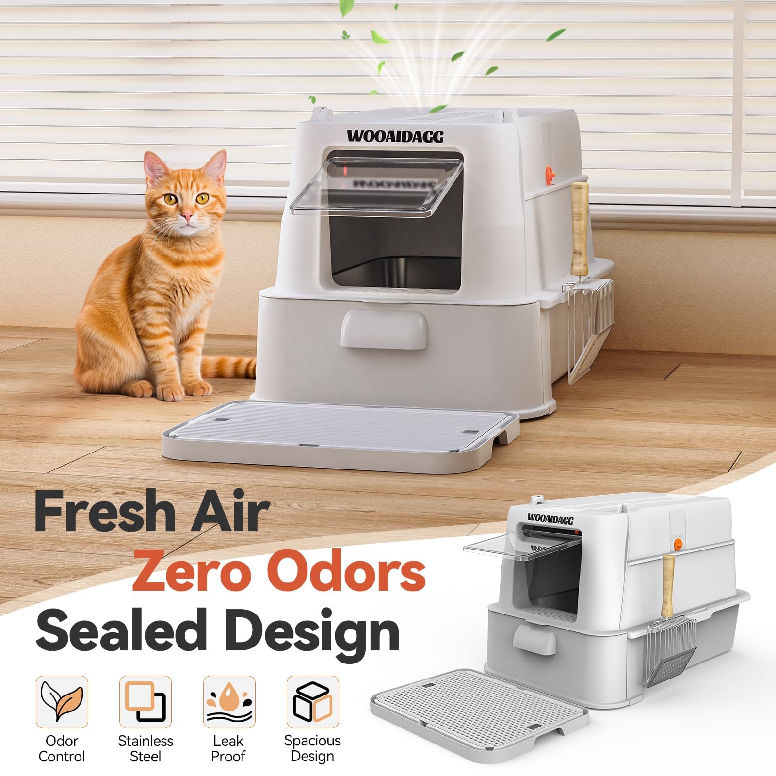 Covered Stainless Steel Cat Litter Box with Odor Control, Modular Design with Drawer, Easy to Clean with Scoop,XL Size Fits All Cats (Light Grey)