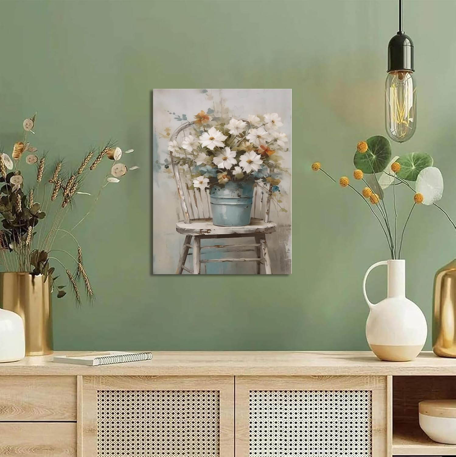 Rustic Farmhouse Floral Daisy Canvas Wall Art Set of 3 Vintage Country Flower Posters Wall Decor Wood Grain Paintings Print Rustic Decor Artwork for Bathroom Living Room Bedroom 12x16 In Framed