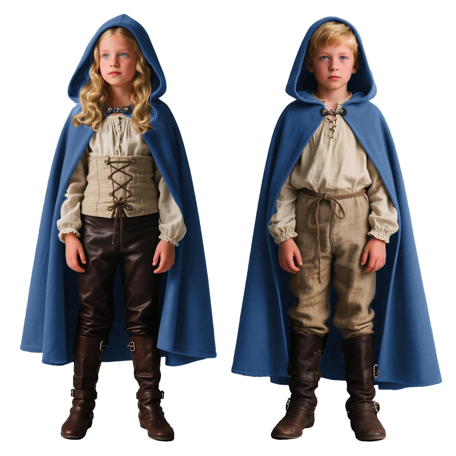 Medieval Cape Men's Hooded Cloak Renaissance Hooded Coat Witch Coat Halloween Costumes Hooded Cloak (Blue, 110-130(4Y-8Y)) — image 1