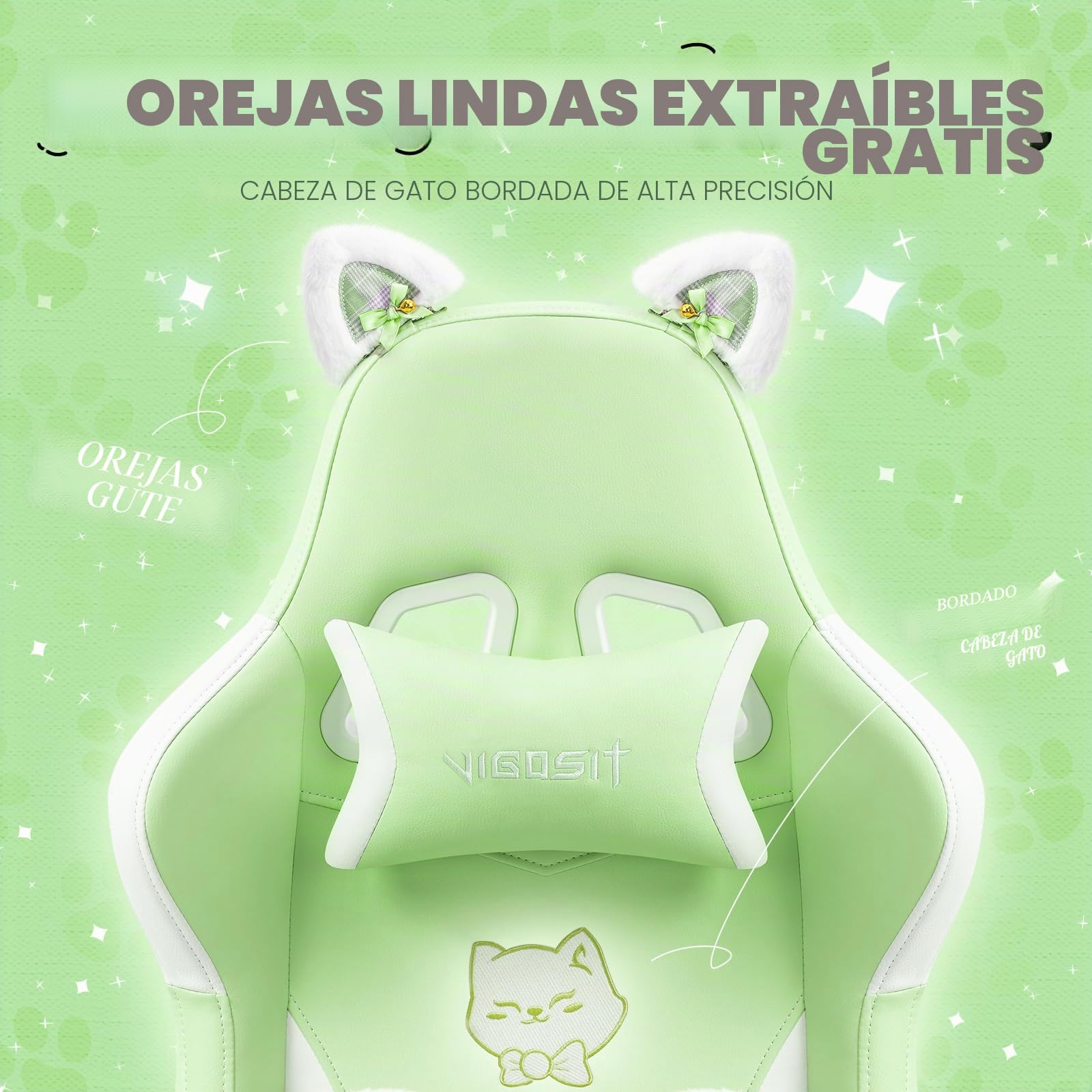 Vigosit Silla de juegos linda con cojín lumbar de pata de gato y orejas de gato, silla de juegos ergonómica con reposapiés, sillón de PC ajustable para niñas, adolescentes, niños, verde