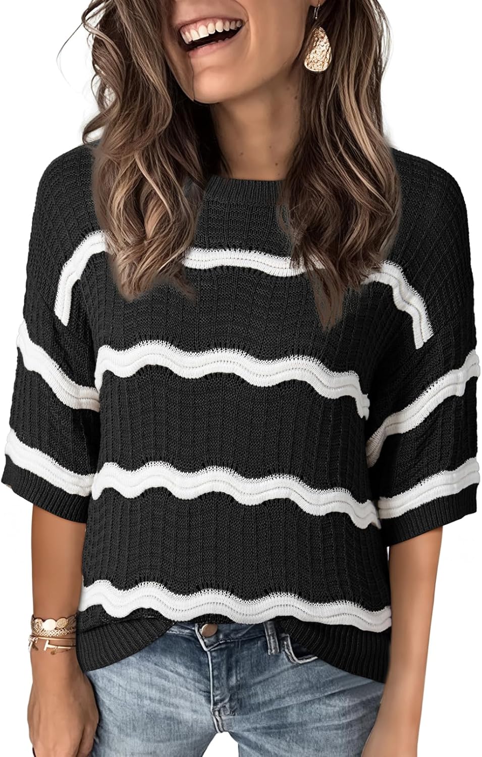 Dokotoo Women's Casual Short Sleeve Loose Tunic Tops Lightweight Crochet Knit Striped Sweaters Blouses - Image 2