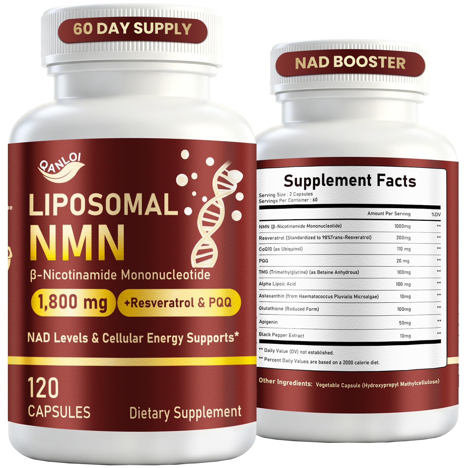 Liposomal NMN Supplement 1000mg Pure, Nmn Resveratrol Capsules, 120 Count