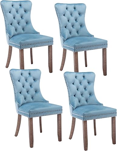Rhomtree Juego de 4 sillas de comedor de tela de terciopelo, respaldo copetudo de lujo con ribete clavado y anillo trasero, sillas de cocina,