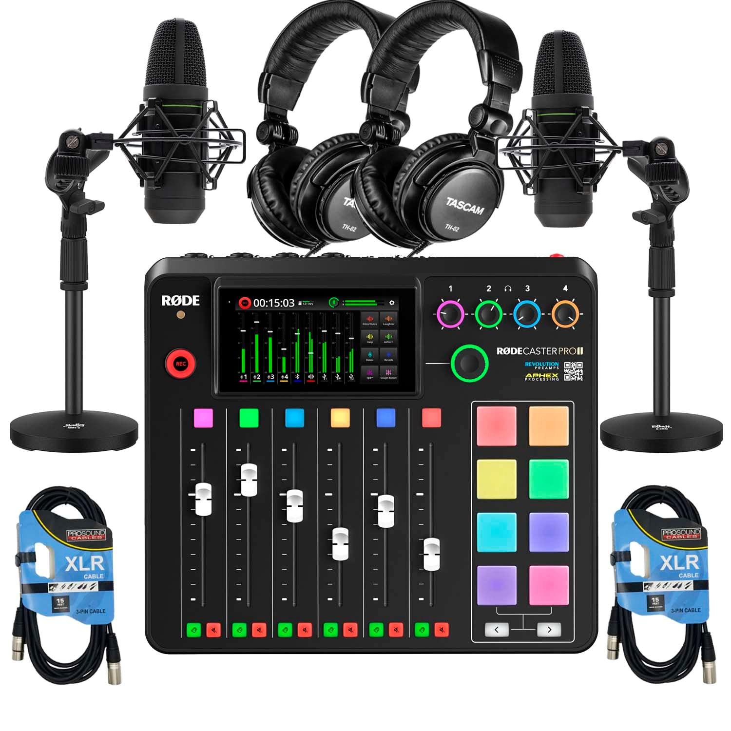 Rode RODECaster Pro II Studio, 8-Channel USB Audio Interface, (2) Mackie EM-91C, (2) Desk Stands, (2) XLR Cables, (2) Tascam TH-02 Bundle