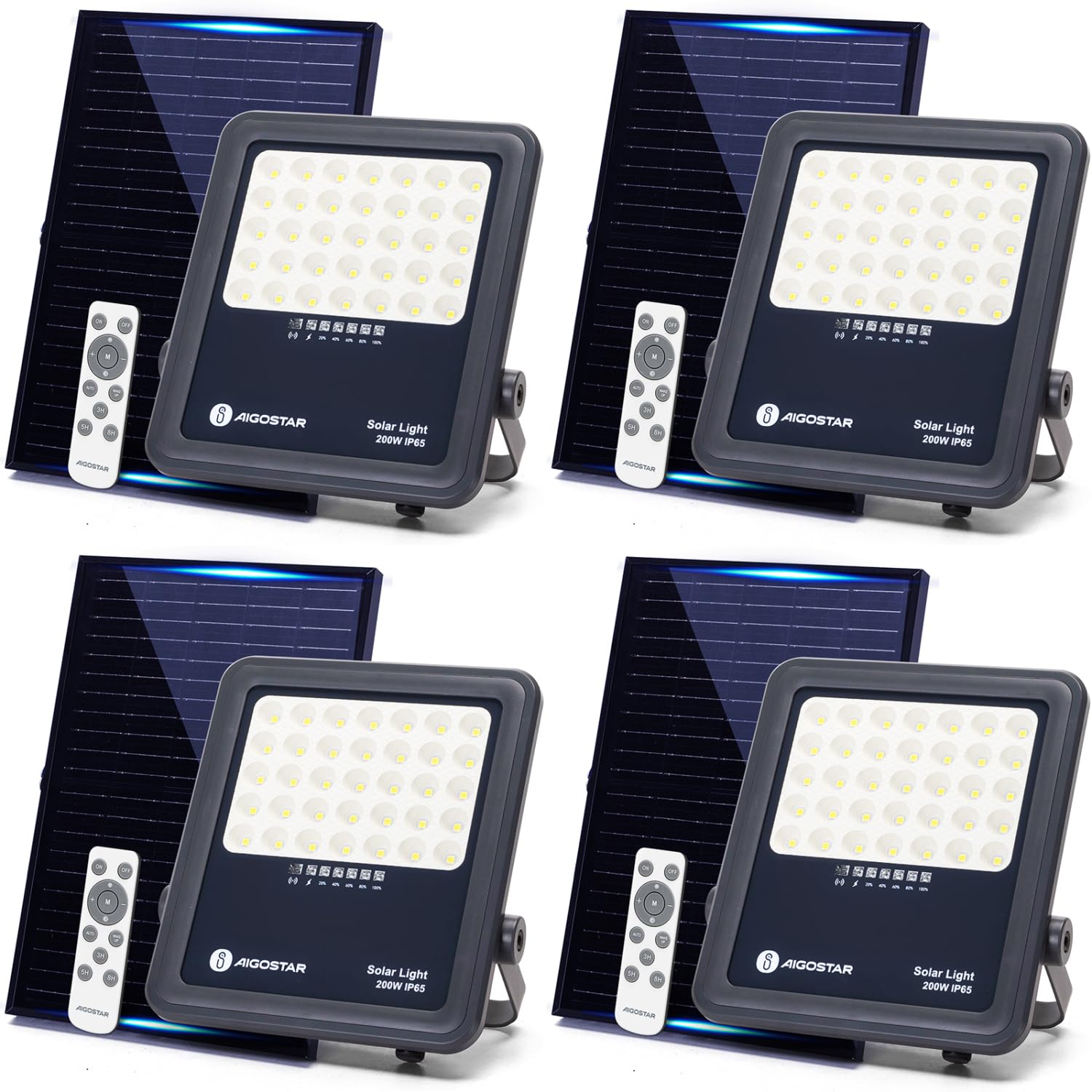 Aigostar faretto Solare con Telecomando 4 pezzi, 200W Faro LED Esterno con Pannello Solare, 2000LM, 6500K Bianco Freddo, IP65 Impermeabile, faretto da Esterno, ottimo per giardini esterni, terrazze