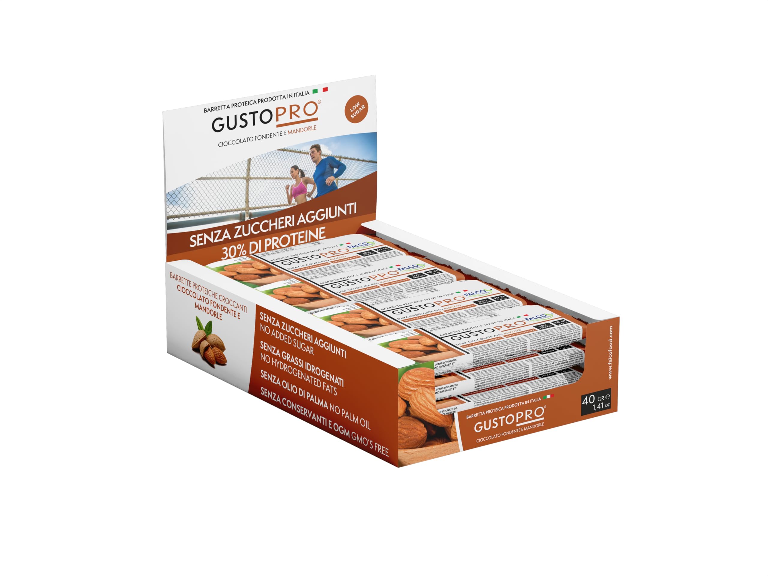 GUSTOPRO FONDENTE E MANDORLA – Barretta Proteica Senza Zucchero, Croccante, Puro Cioccolato Fondente e Mandorla, 30% di Proteine Del Siero del Latte (Whey Protein) (24x40g)