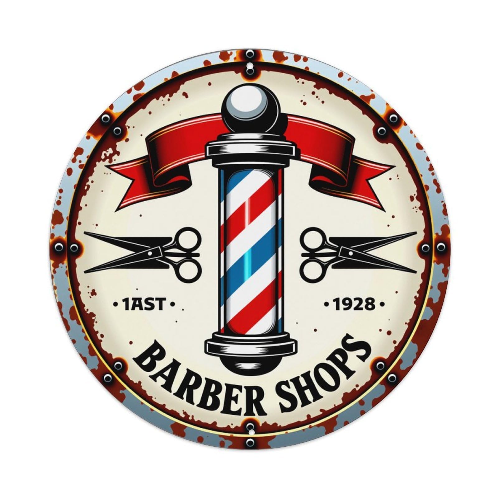 Barber Pole Scissors Ribbon Vintage Round Tin Sign Vintage Style Metal Sign Home Bar Garden Wall Plaque Decor Metal Poster 8x8 Inch