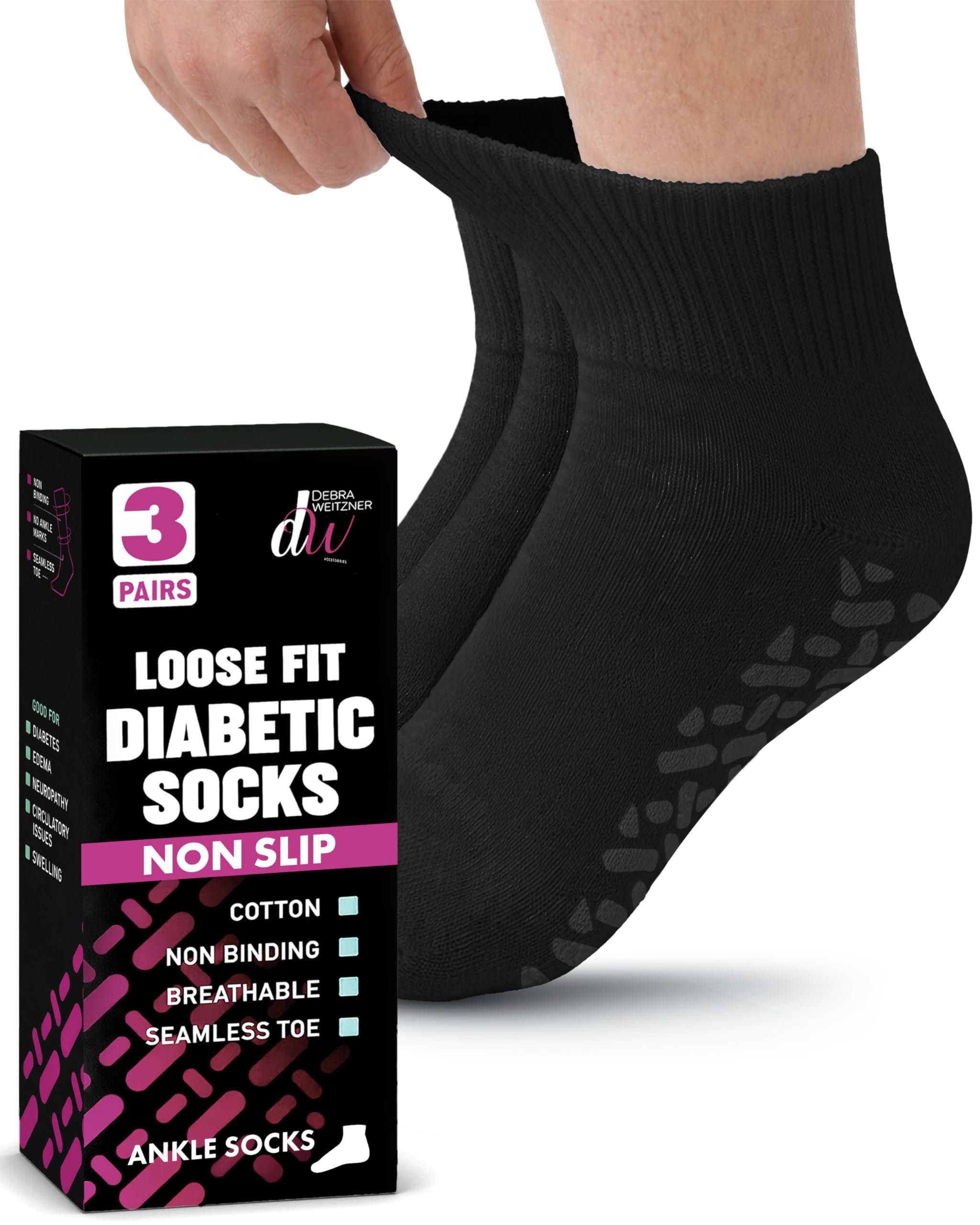 Debra Weitzner - Calcetines antideslizantes para diabéticos (3 pares), color negro, Tobillo negro con asas, 13-15