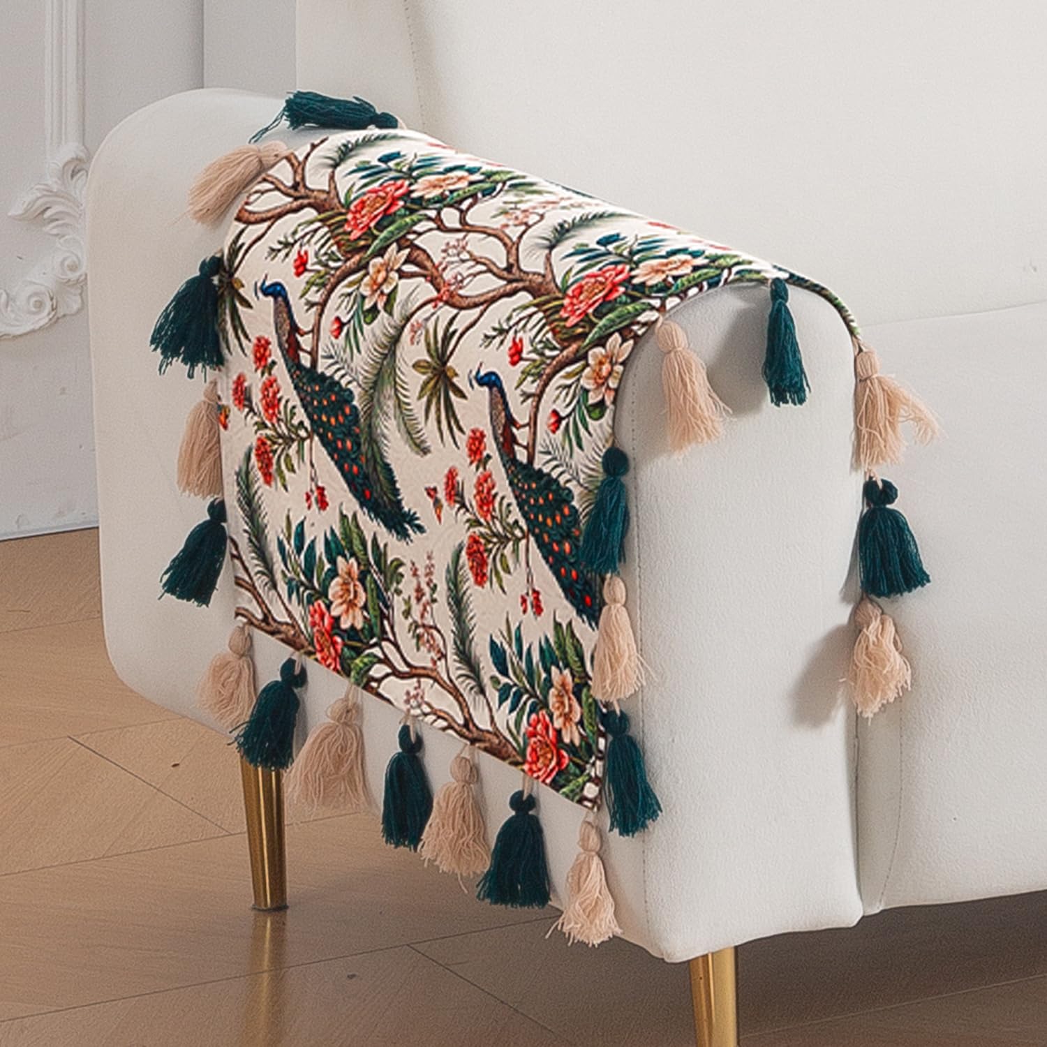 HOKIPO Premium Sofa Armrest Cover (1 Pair) | Printed Holland Velvet with Tassels | 'Whispers of Nature' Multicolor Tropical Peacock (IN-1115-D1*2SM)-image-30