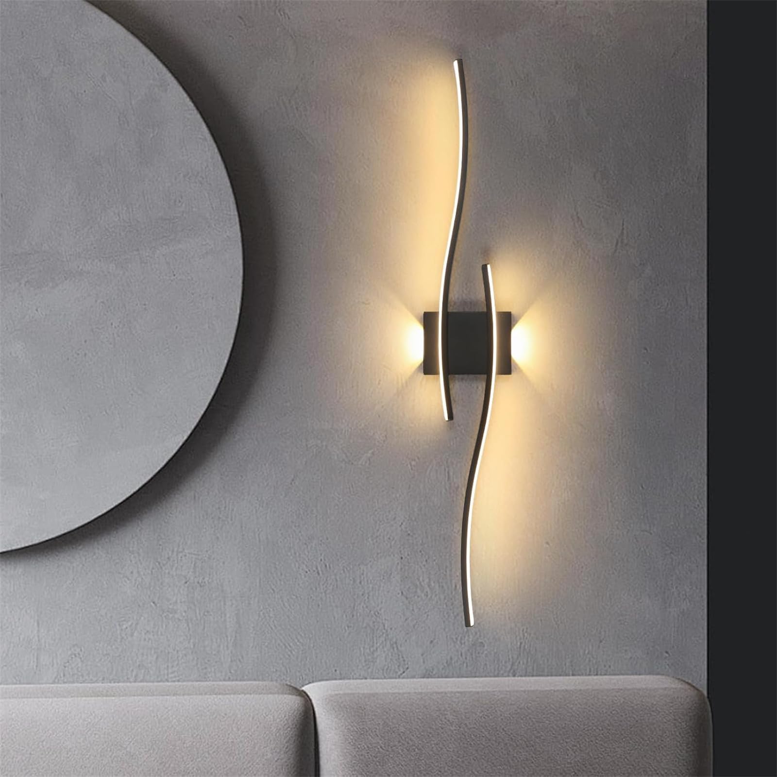 Nowoczesna lampa ścienna LED kształt fali lampa ścienna zasilana baterią USB oświetlenie ścienne długa akrylowa żelazo bezprzewodowa lampa ścienna do salonu (czarne neutralne światło, 60 cm)