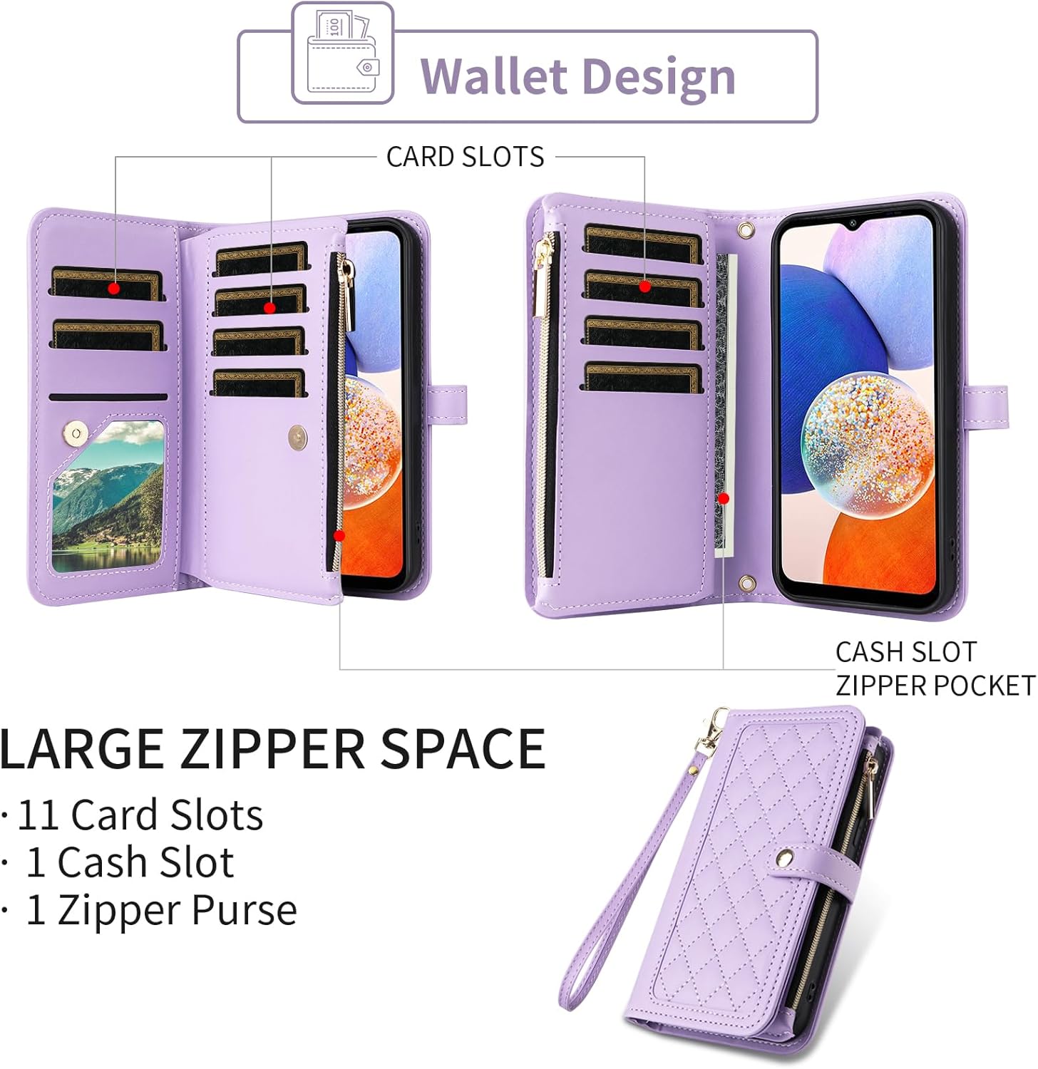 Wallet Case for Samsung Galaxy A16/A17/A26 5G with Wrist Strap Flip Zipper Credit Card Holder Soft Stand Argyle Pattern Phone Cover for A 16 17 26 16A 17A 26A 4G SM-A166U Women Girls Purple
