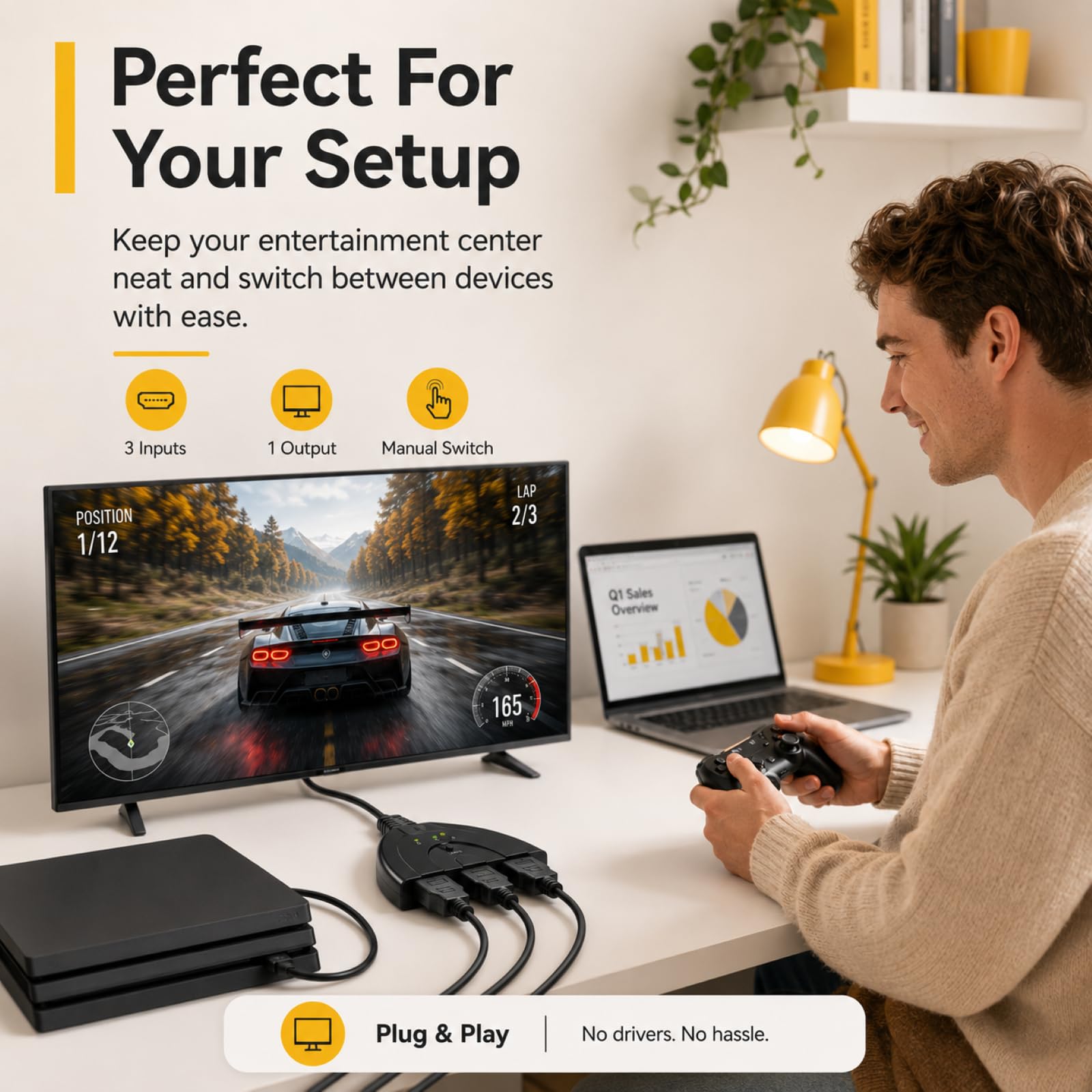 HDMI Switch 3 Eingänge 1 Ausgang, HDMI Splitter 3 in 1 Out 4K UHD Verteiler für PS5/PS4/Xbox/Switch/PC/Laptop/Blu-Ray Player/TV/Projektor, 3 Geräte auf 1 Monitor, Stabile Signalübertragung