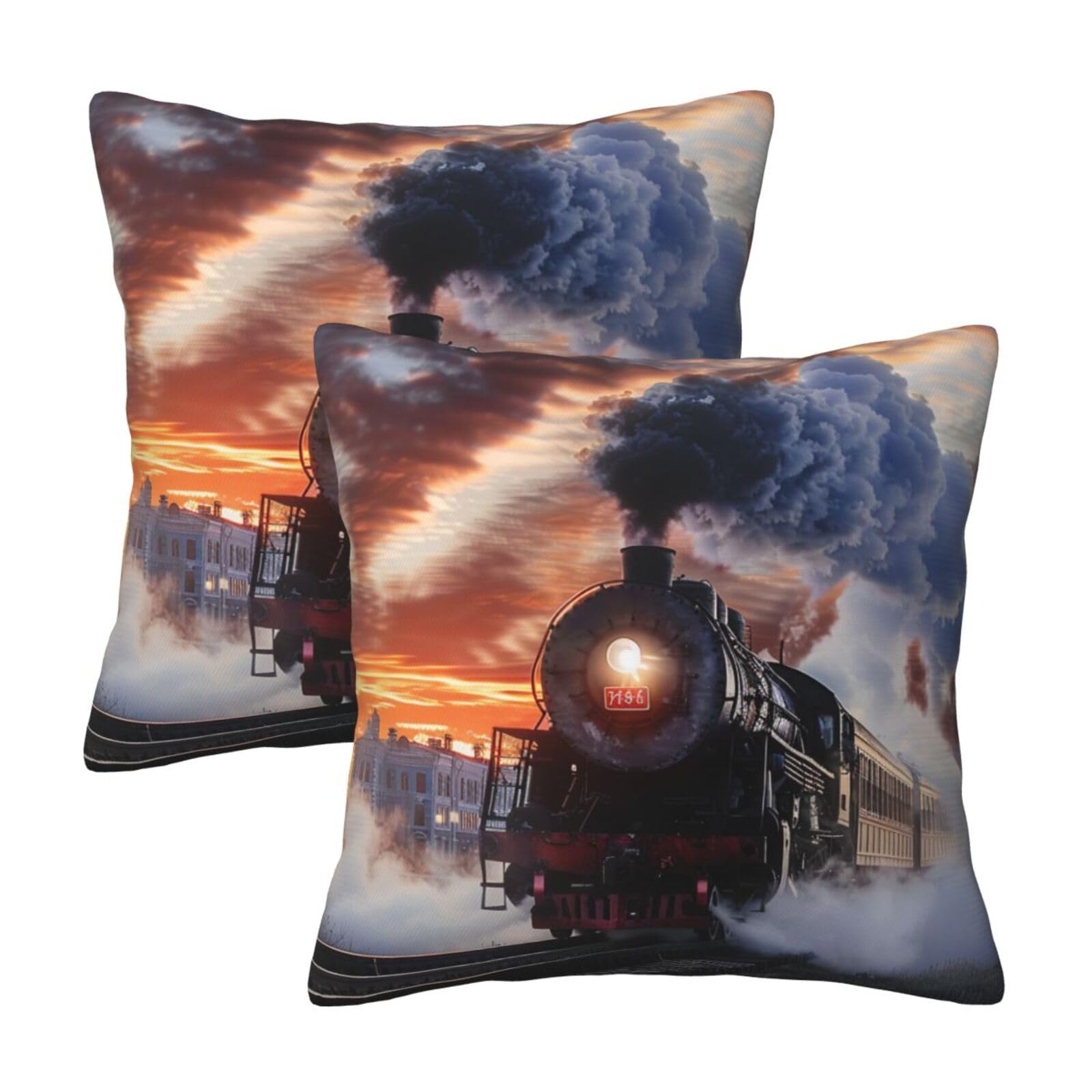 Steam Train Depart Sunset Throw Pillow Cases 2 Pack Square Pillowcases Soft Pillow Protectors for Couch Livingroom Sofa Bed Office Car,30x30 CM