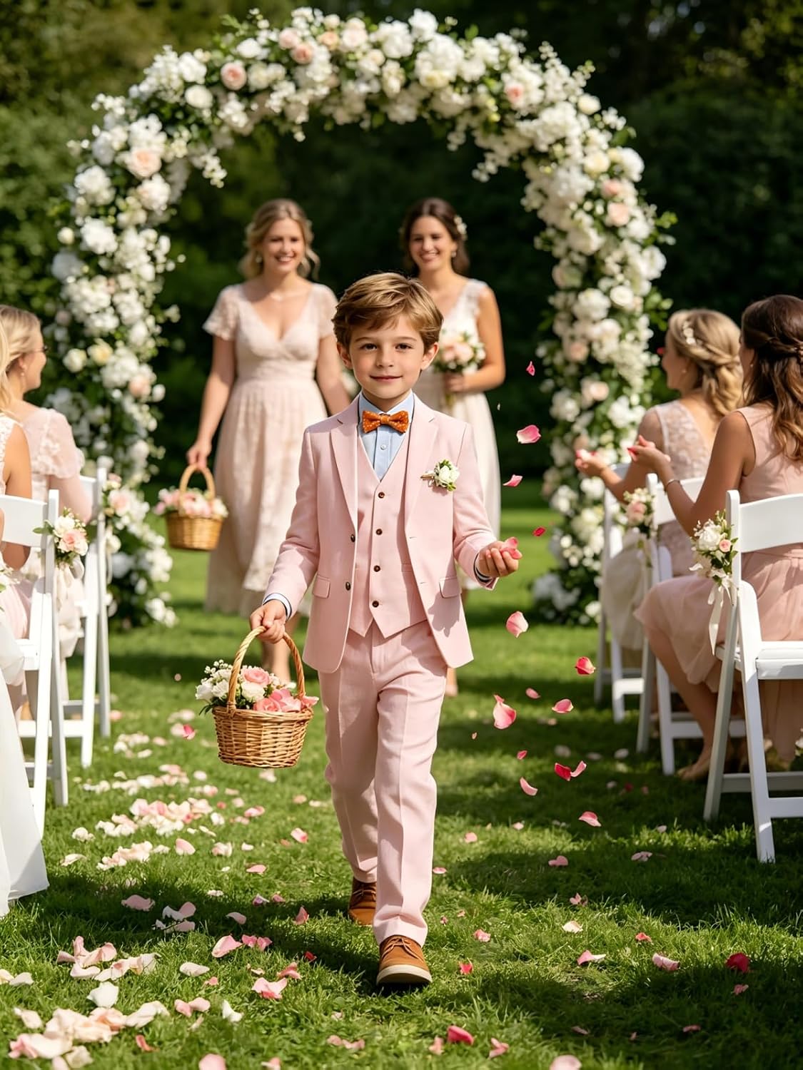 Boys Linen Suit Kids Beach Wedding Tuxedo Ring Bearer Outfit 3 Piece Lightweight Blazer Pants Set Graduation Prom