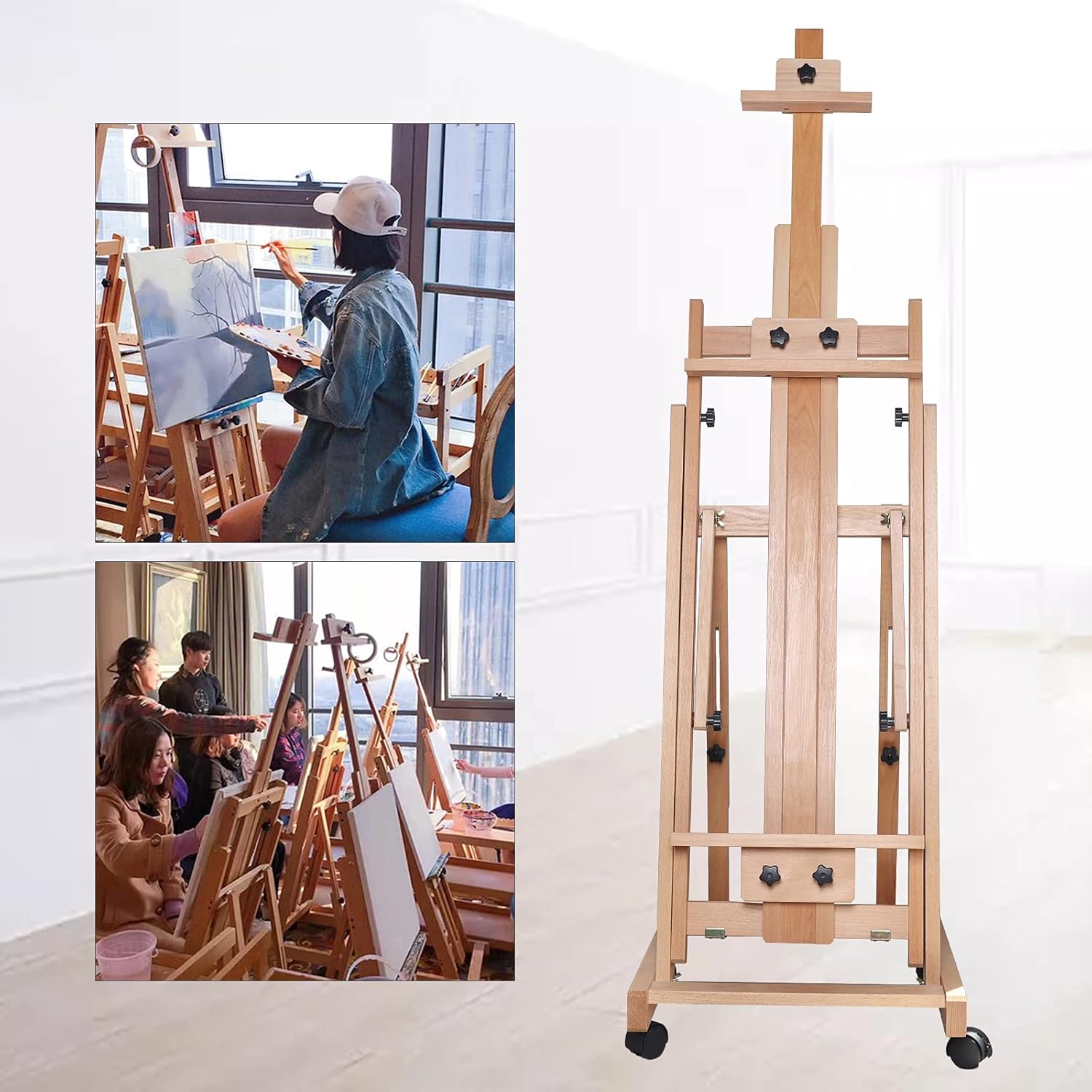 Portable Collapsible H-Frame Easel 56" to 91" H, Solid Beech Wood Large Artist Painting Easel, Tilts Flat Movable Floor Stand with 4 Wheels, Wooden Art Easel for Painting Canvas