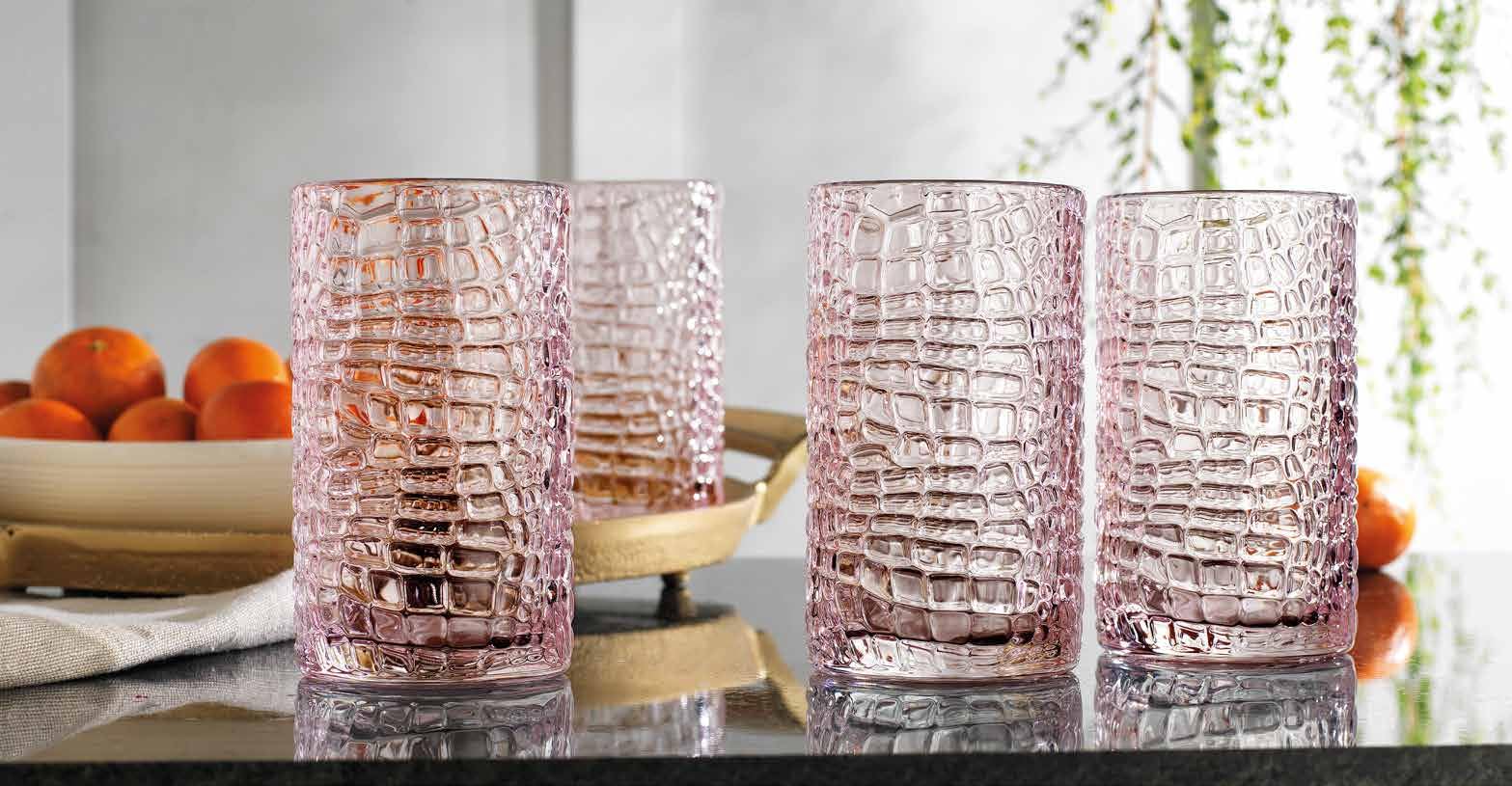 Glavers Highball Glasses Set of 4 Pink Drinking Glasses 15 Ounce Crackle Textured Newly Designed Patent Design Glassware