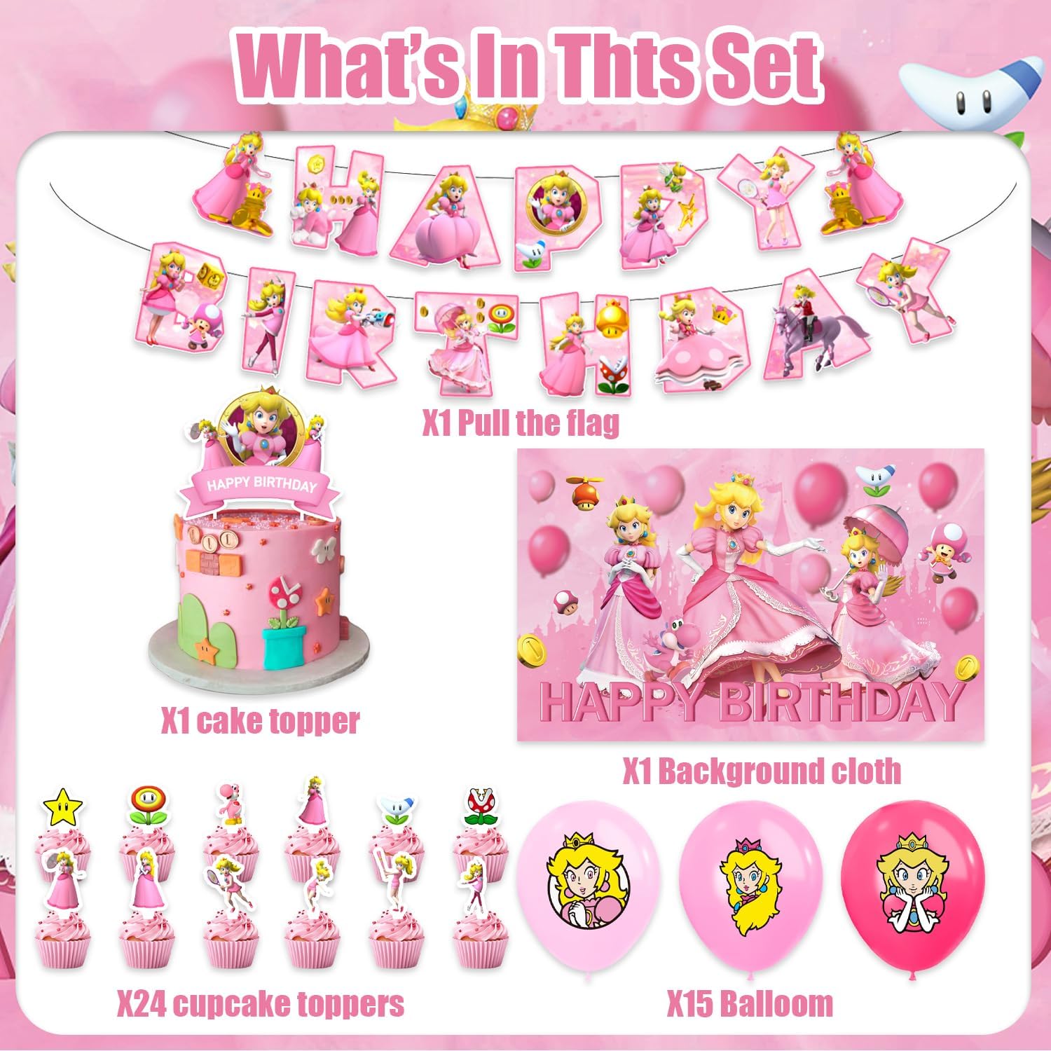 42pcs Princess Peach Birthday Party Supplies Pack Includes，Banner，Cake Topper，Blackdrop,Balloons for Princess Peach party supplies
