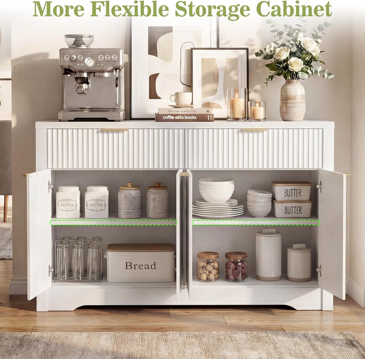 Cyclysio 55" Buffet Cabinet with Storage, Fluted Sideboard with Drawers, Modern Sideboard with Adjustable Shelves for Entryway, Kitchen, Living Room, Hallway, White