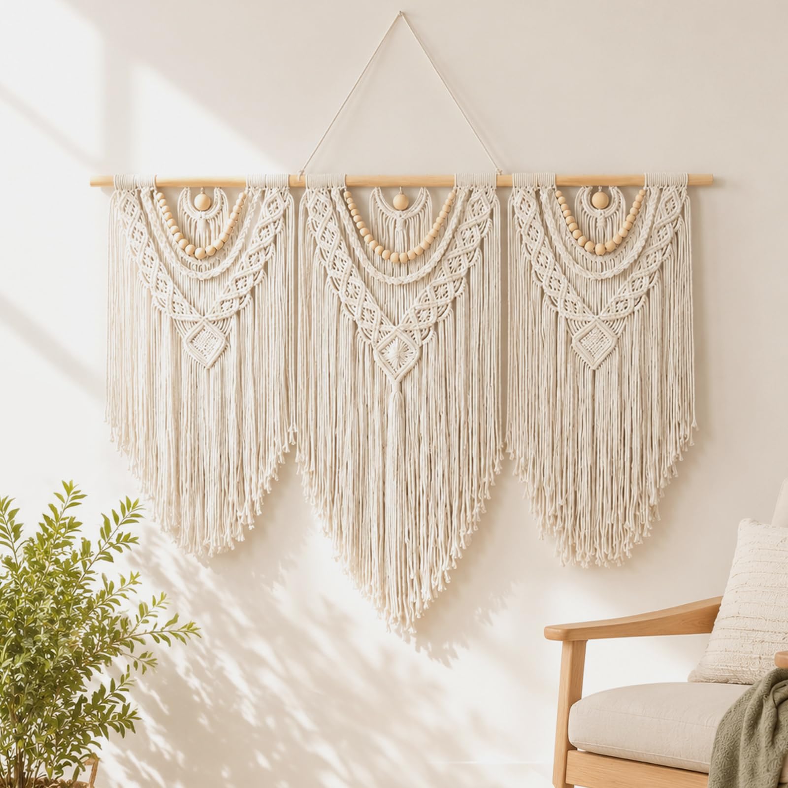 Großer Makramee-Wandbehang, Baumwolle, handgewebt, Boho-Tapisserie, Wanddekoration, Heimdekoration für Schlafzimmer, Wohnzimmer, Wohnung, Kinderzimmer (weiß, Perle)