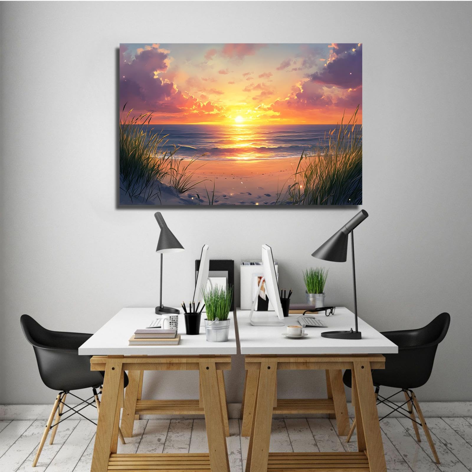 OSHIONARTE Sonnenaufgang und Sonnenuntergang Leinwandbilder gerahmt für Wohnzimmer Sandiger Weg zum Meer mit Seegras Bilder Druck auf Leinwand 60x90cm Innenrahmen