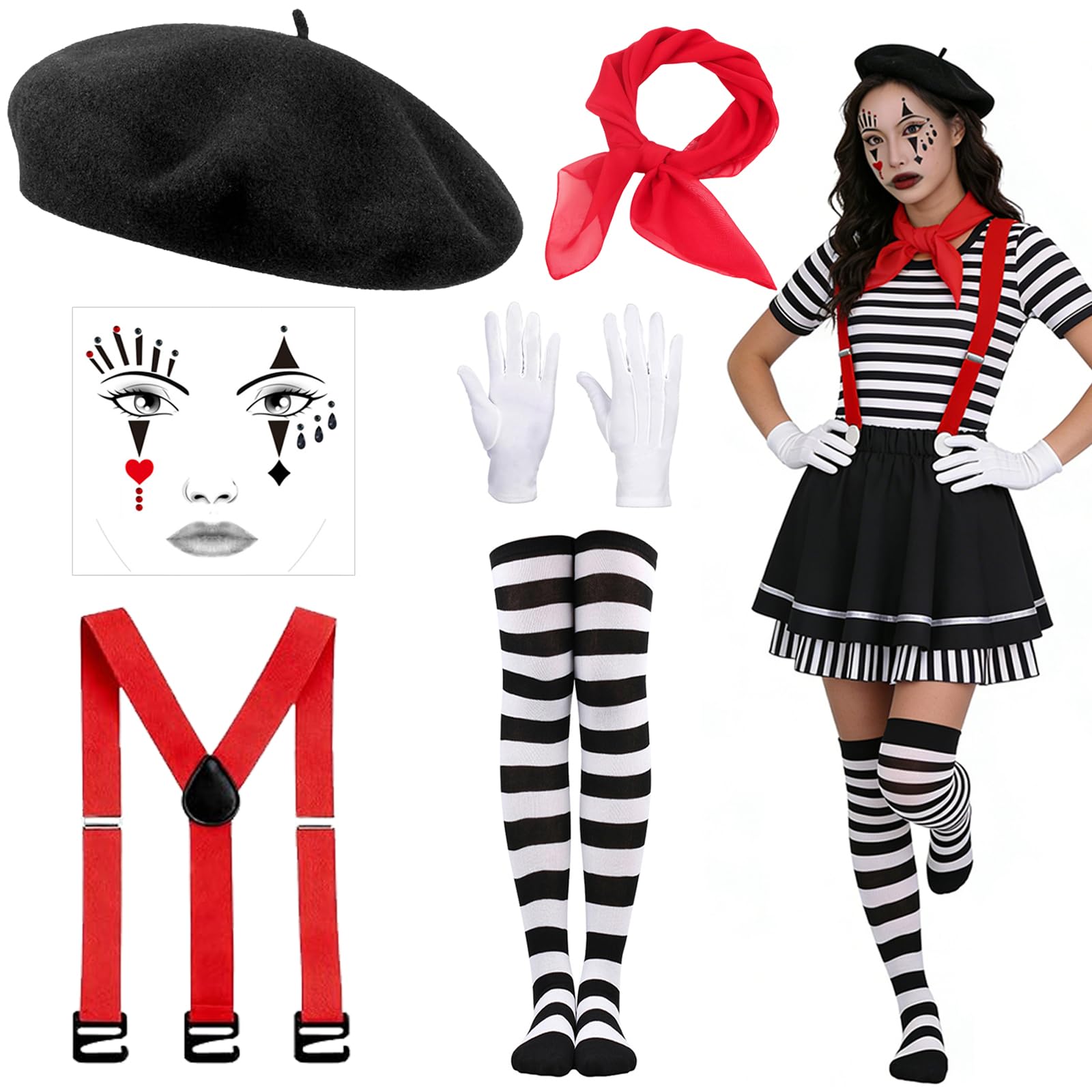 6 Piezas Disfraz Mimo Mujer, Disfraces de Mimo Accesorios, con Boina, Bufanda, Guantes, Tatuaje Facial, Tirantes y Calcetines a Rayas, Disfraz de Mimo Frances, para Carnaval Halloween Cosplay