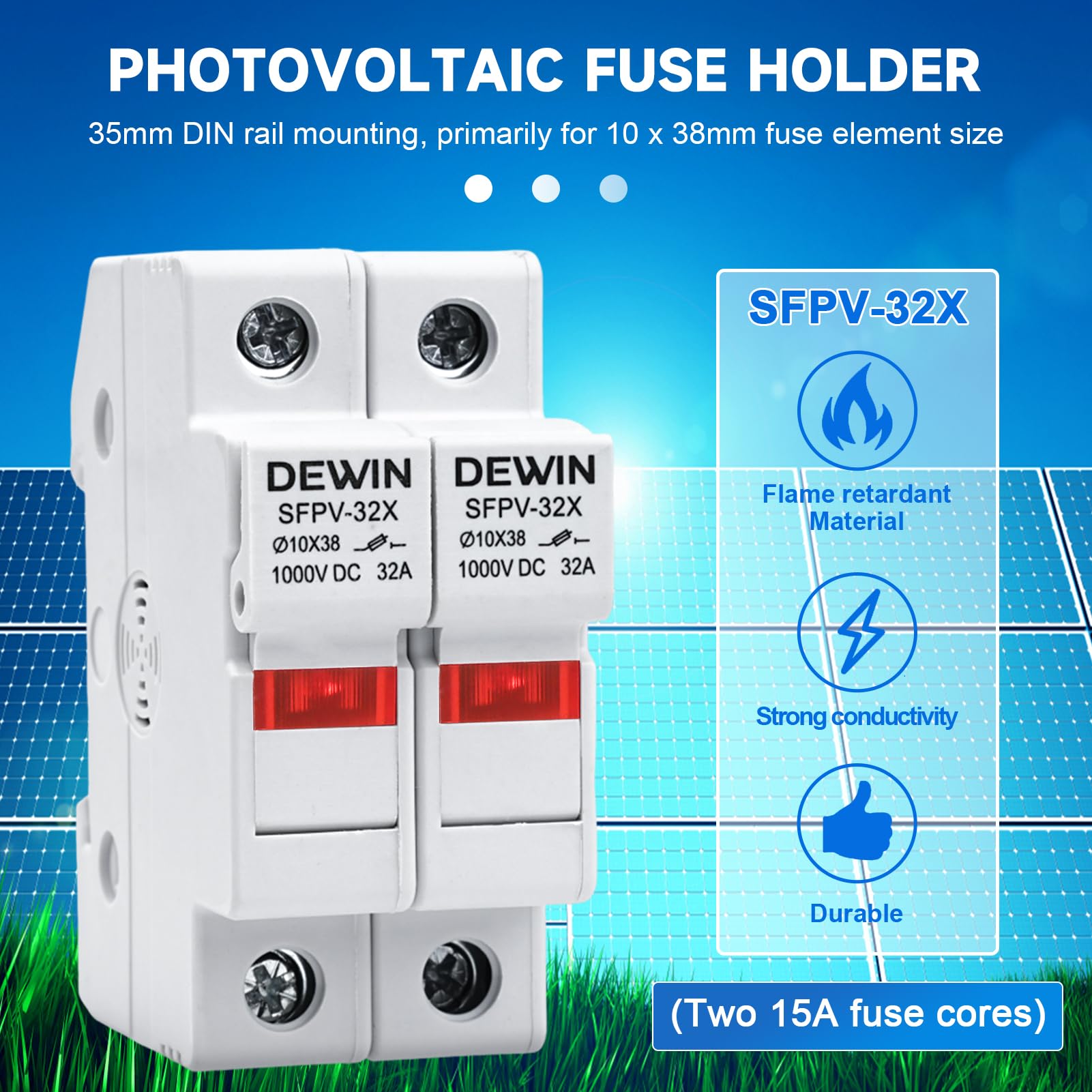 DEWIN Fusible fotovoltaico, 2 polos, 1000 V CC, 32 A, protección contra sobrecarga y cortocircuito.(With 15A PV fuse)