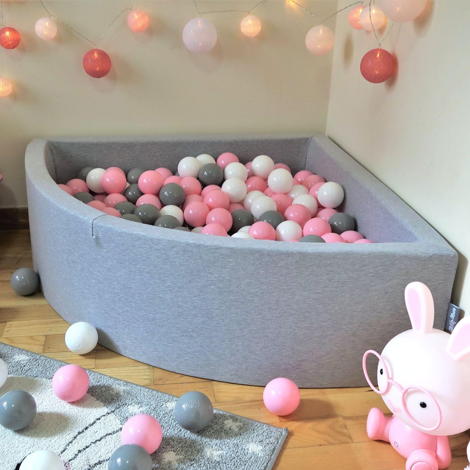 KiddyMoon 90X30/SIN Bolas Piscina De Bolas ∅ 7Cm Para Ninos Cuarto Angular Hecha En La UE, Grisclr:Gris/Blanco/Turquesa