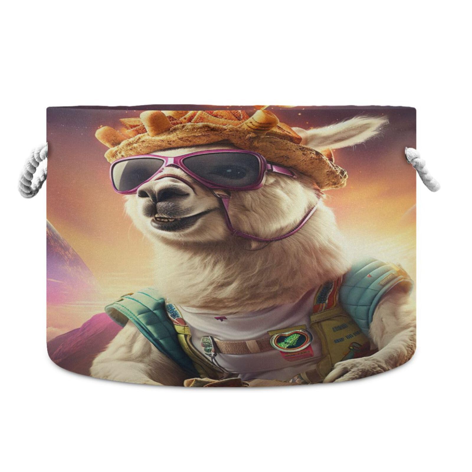 Round Space Llama Sunglasses Storage Basket Large Organizer Bin Laundry Hamper Toy Storage Basket with Handle for Nursery Clothes Toys 202b5163