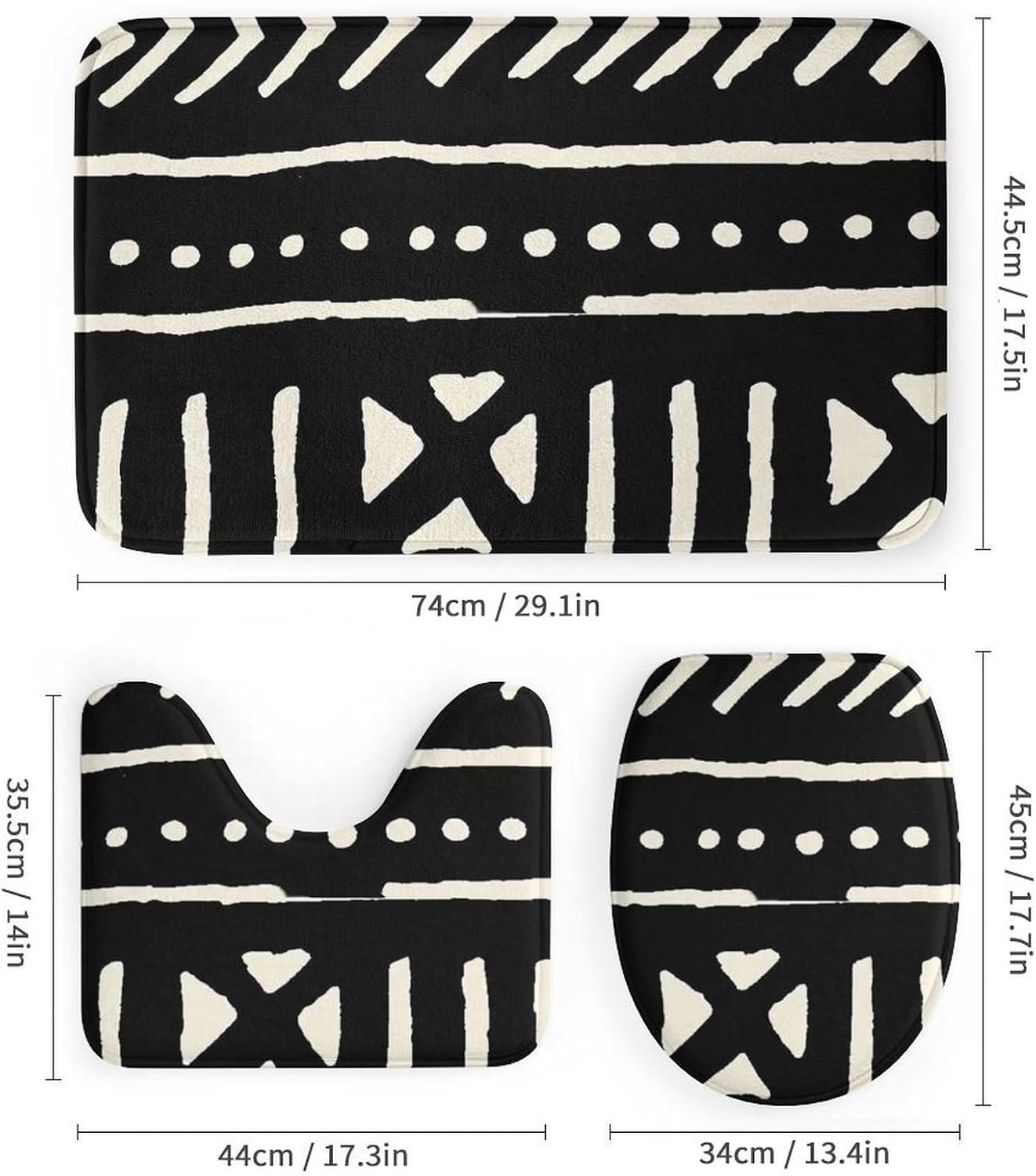 African Mud Cloth Black and White Bathroom Four Piece Set, Including Floor Mat and Shower Curtain
