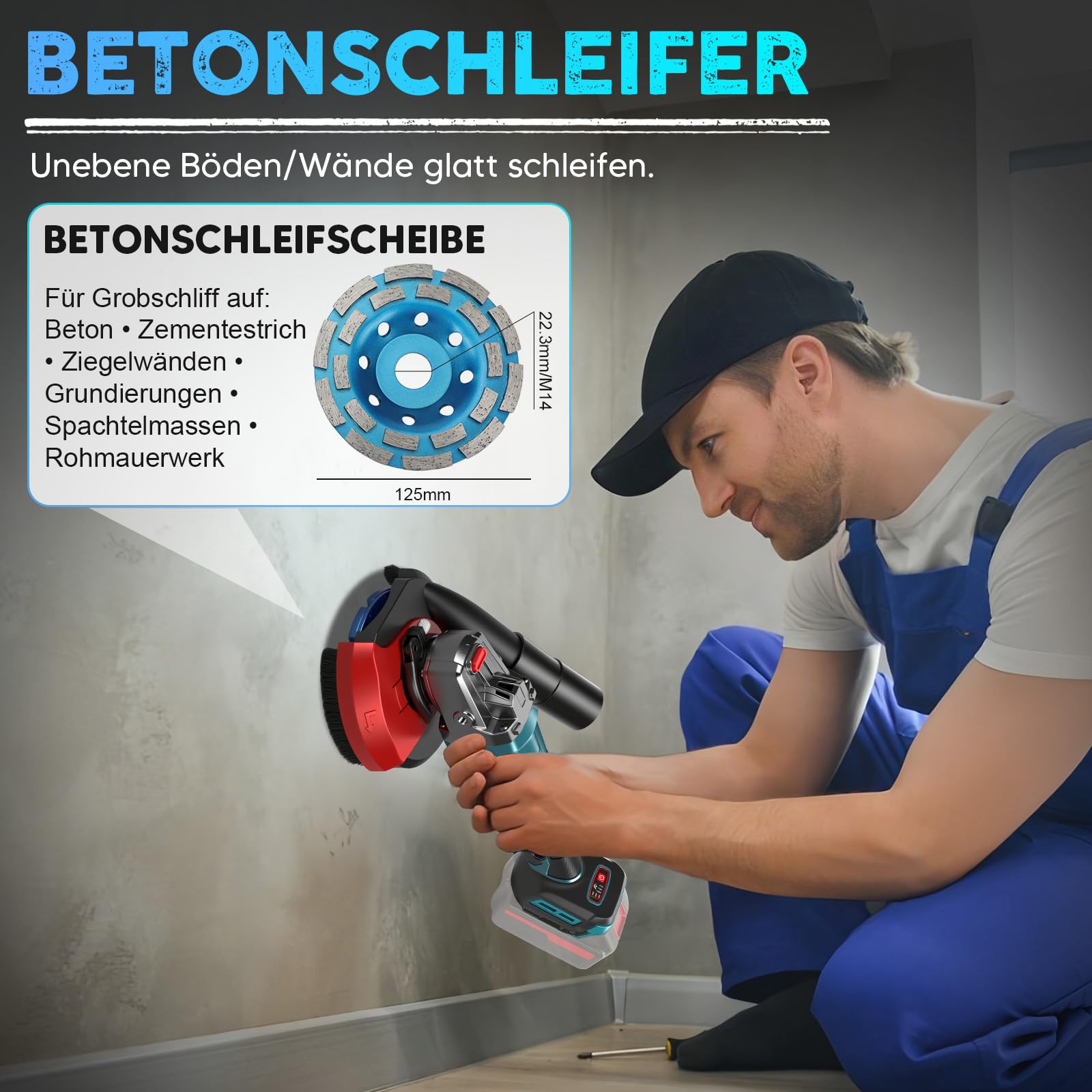 Akumulatorowa szlifierka do betonu Makita 18 V, kompaktowa szczotka, 9000 obr./min z 3 prędkościami, frezarka do betonu z diamentową tarczą szlifierską 125 mm do szwu szalunkowego, usuwania błony