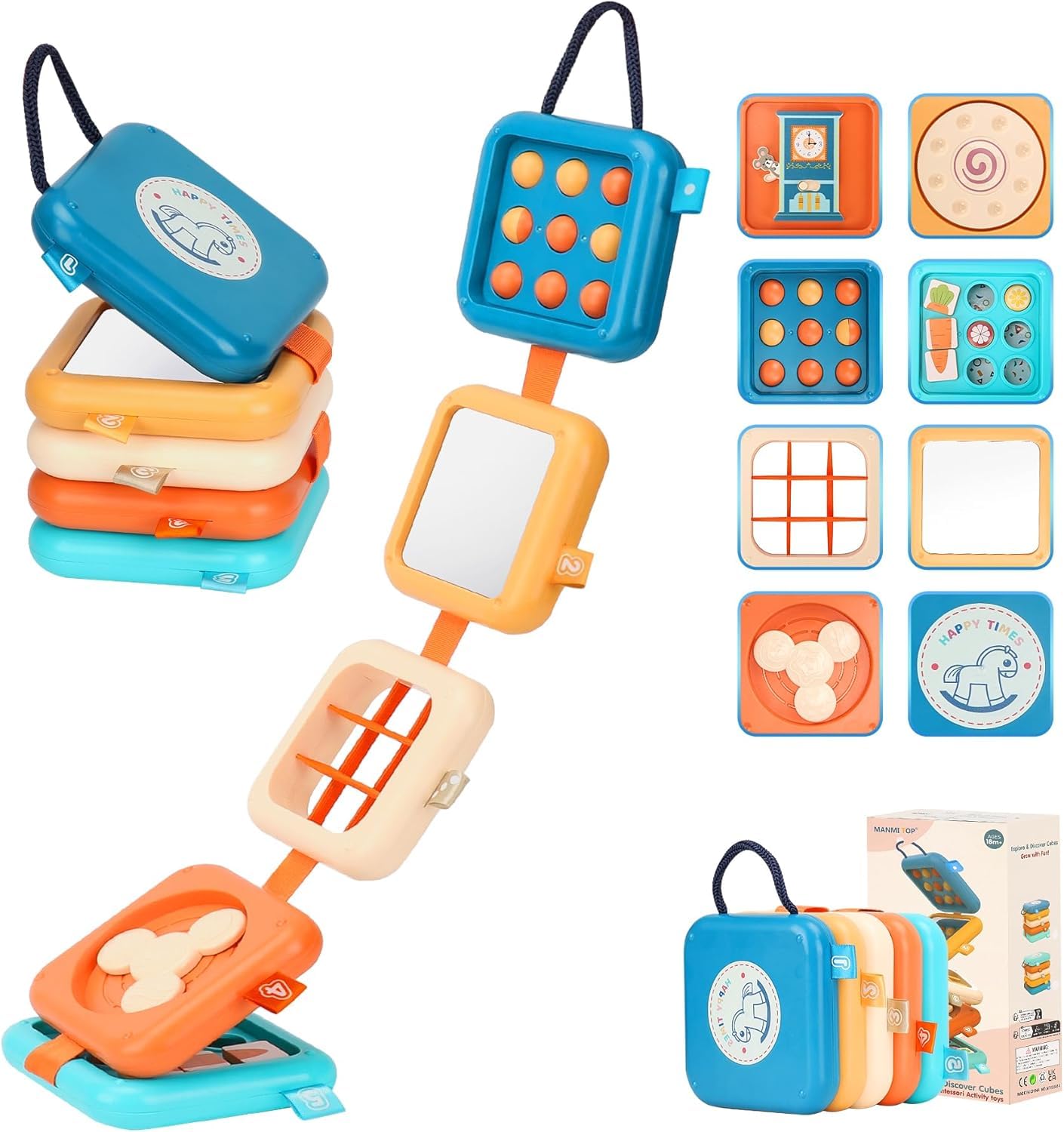 Busy Boards Busy Cube Montessori Activity Cube for 6 Months - 3 Years, Fun Mirror, Hide and Seek Clock, Carrot Puzzle, Rotating Activity, Spinning Elastic Braided Rope