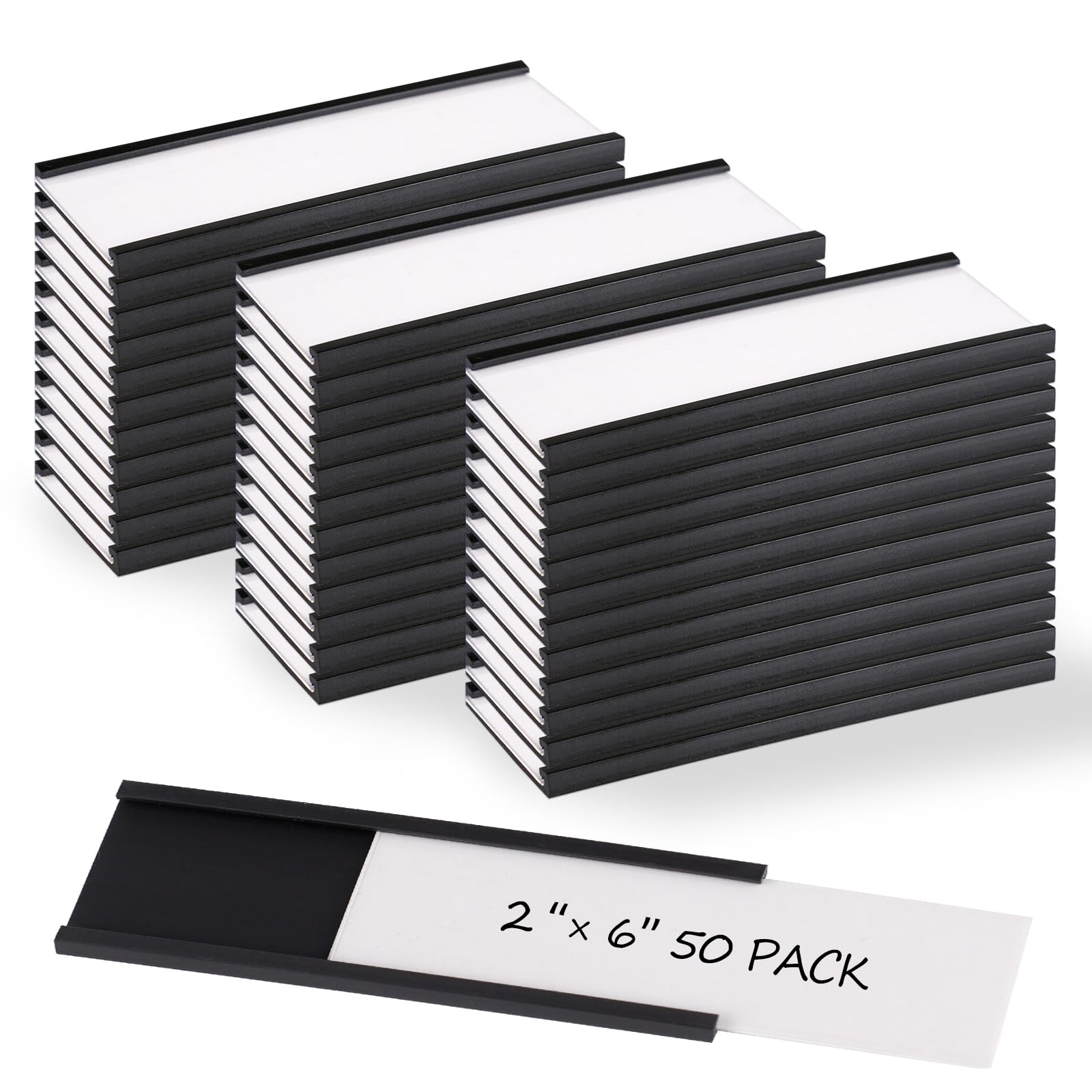 Realth Magnetic Label Holder | 50MM X 152.4MM | 50 Packs C Channel | White Cards and Clear Protectors | Mess Free Removable | for White Board Metal Wall Cabinet Drawer and Shelves (MLH2650)