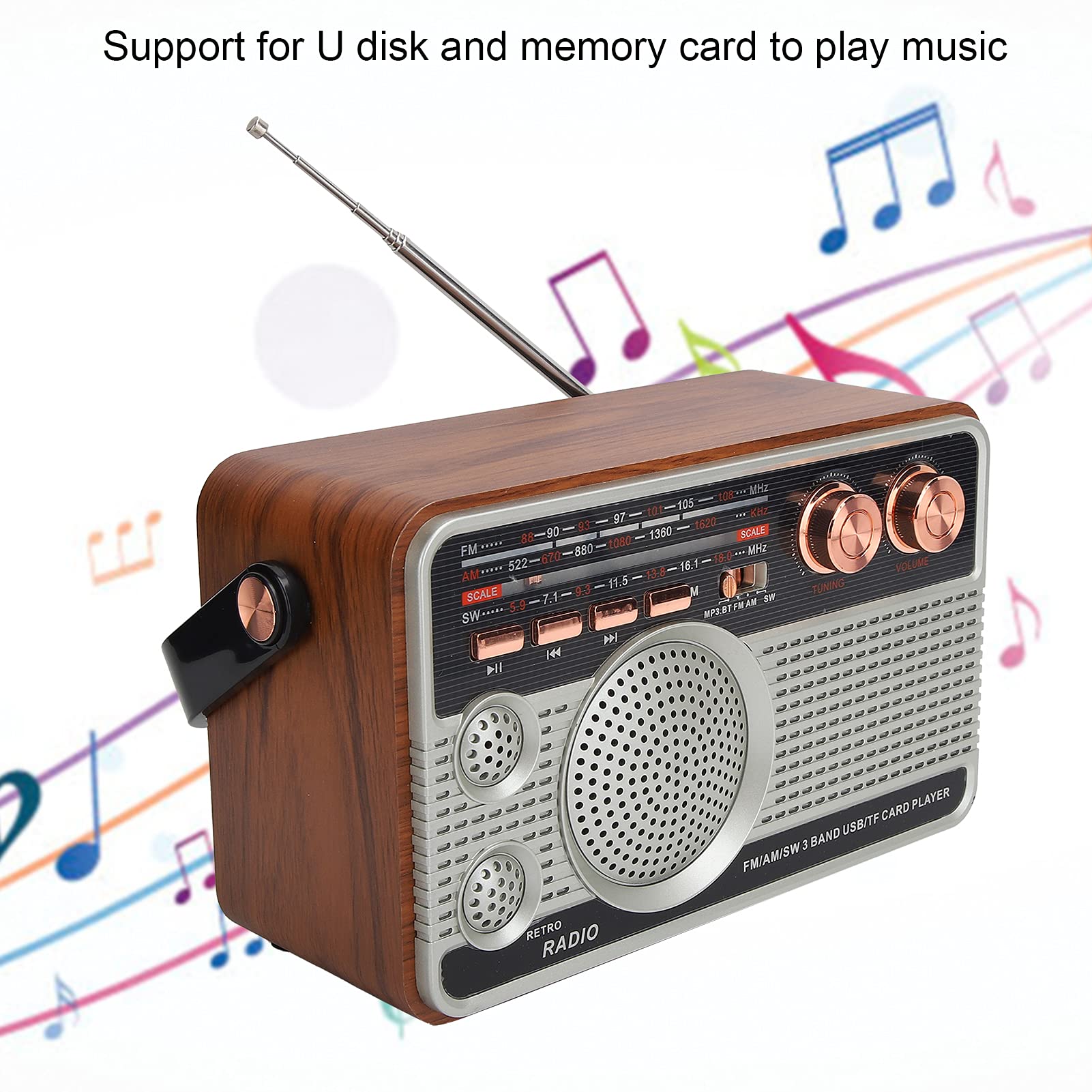 Radio portátil Am/FM/SW, conexión Bluetooth Radio a Pilas Soporte para Altavoz USB Disco U y Tarjeta de Memoria Radio Profesional de Onda Corta de 3 Bandas con asa, batería de 1200 Mah