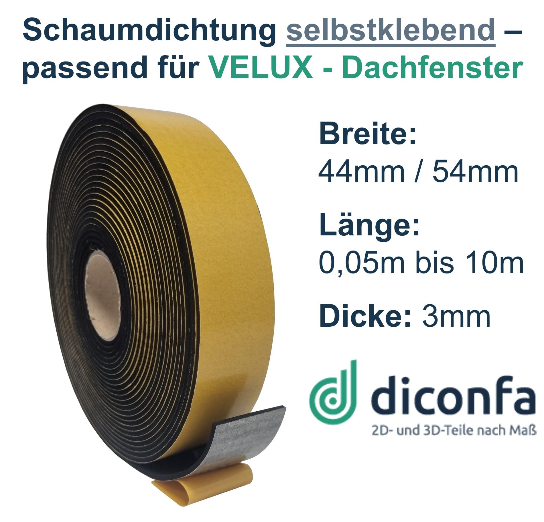 diconfa Dachfenster Dichtung schwarz kompatibel mit VELUX - WÄHLBAR Breite 44mm, 54mm - Länge 0,05m bis 10m - AUSWAHL: 44mm x 2000mm - Schaumdichtung selbstklebend Lüftungsklappe Holz Kunststoff