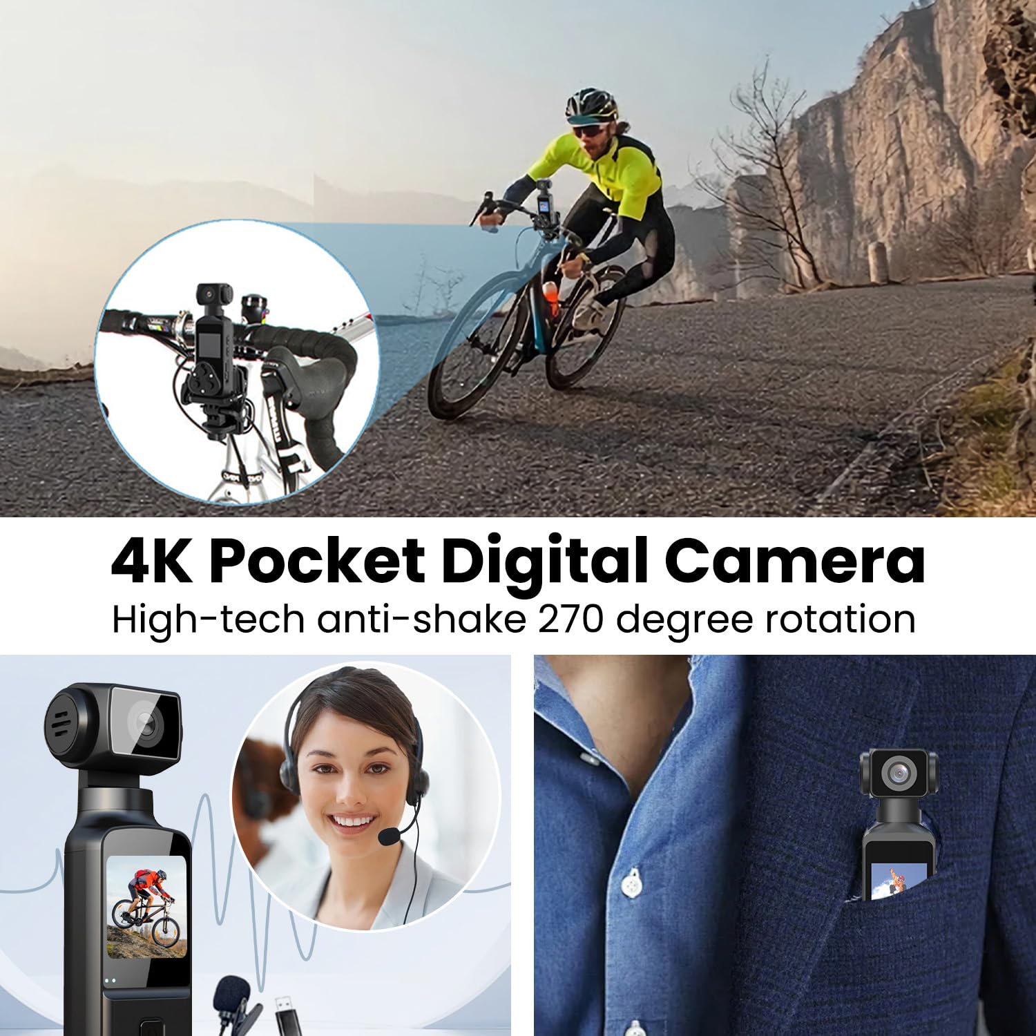 Cámara de bolsillo 4K, cámara de vlogging con micrófono externo, cámara POV con lente giratoria de 270°, enfoque rápido, pantalla giratoria de 1.3 pulgadas, tarjeta TF de 128 GB