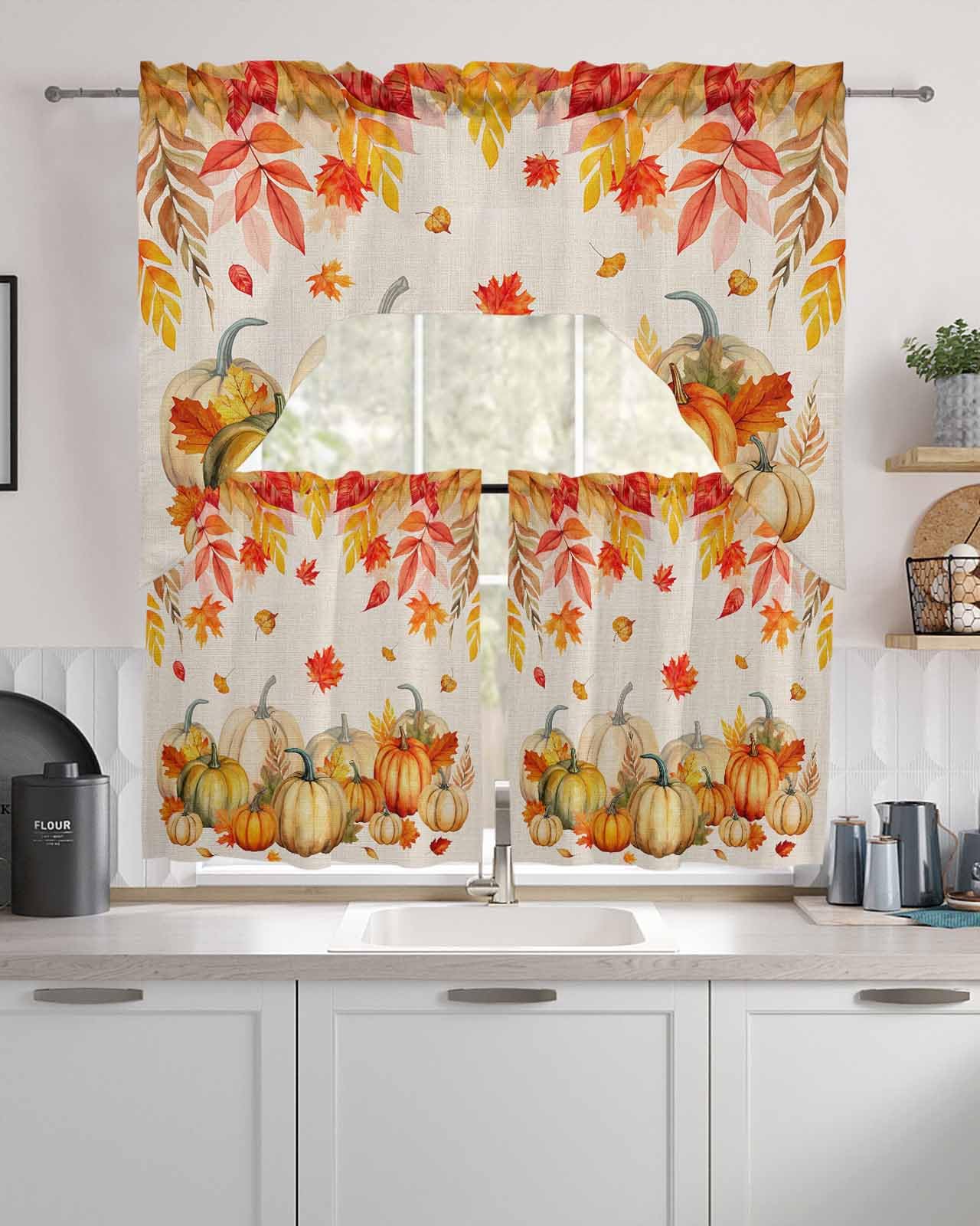 Fall Orange Pumpkin Swag Curtains Valance and Tier Set,Rod Pocket Curtain Drapes for Bedroom Bathroom Over Sink Kitchen Curtains 3 Piece Set Thanksgiving Beige Maple Leaf Swag Valances 36 inches Tiers