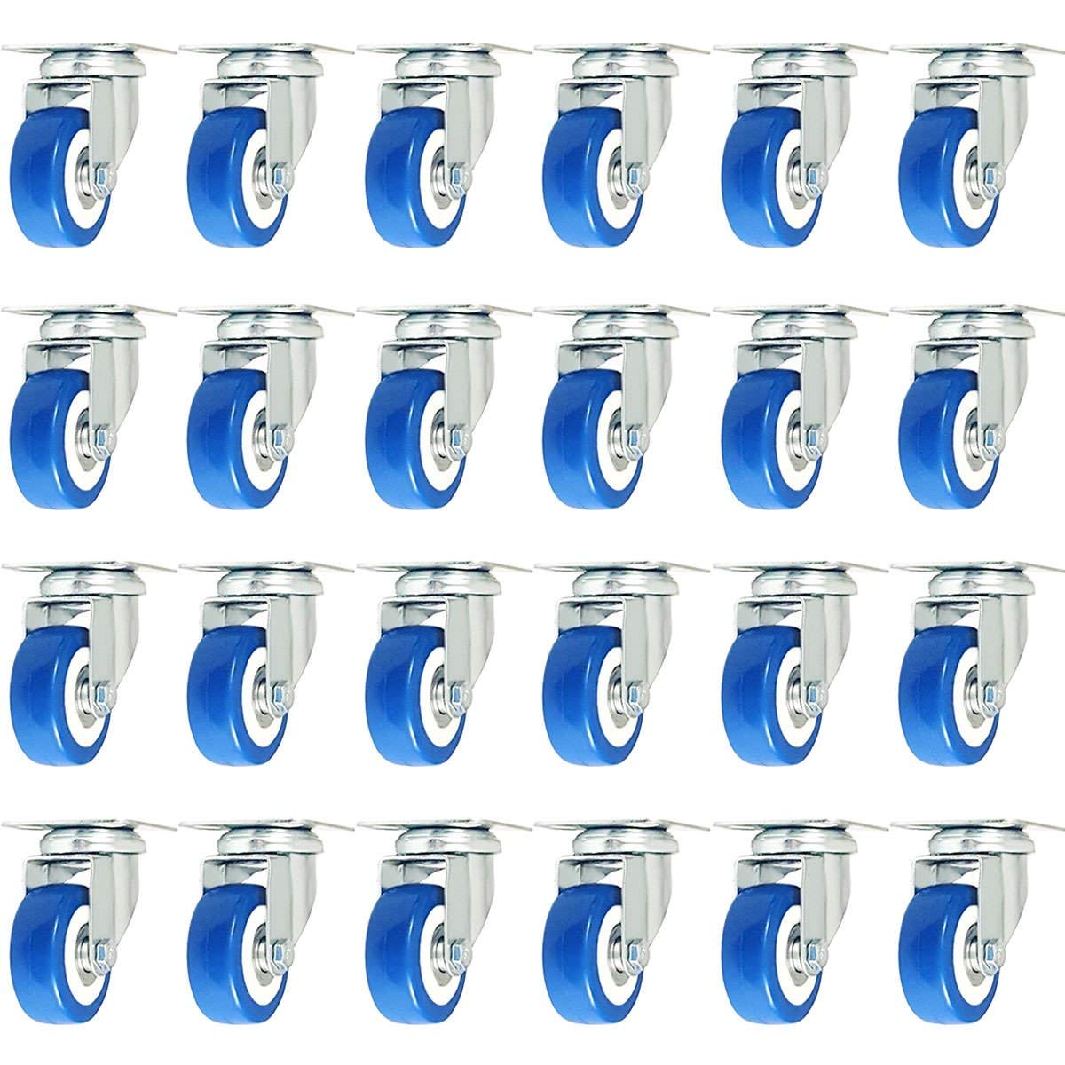 Y&Y Decor 24 Pack Caster Wheels Swivel Plate Casters On Blue Polyurethane Wheels PU (2" w/Brake)