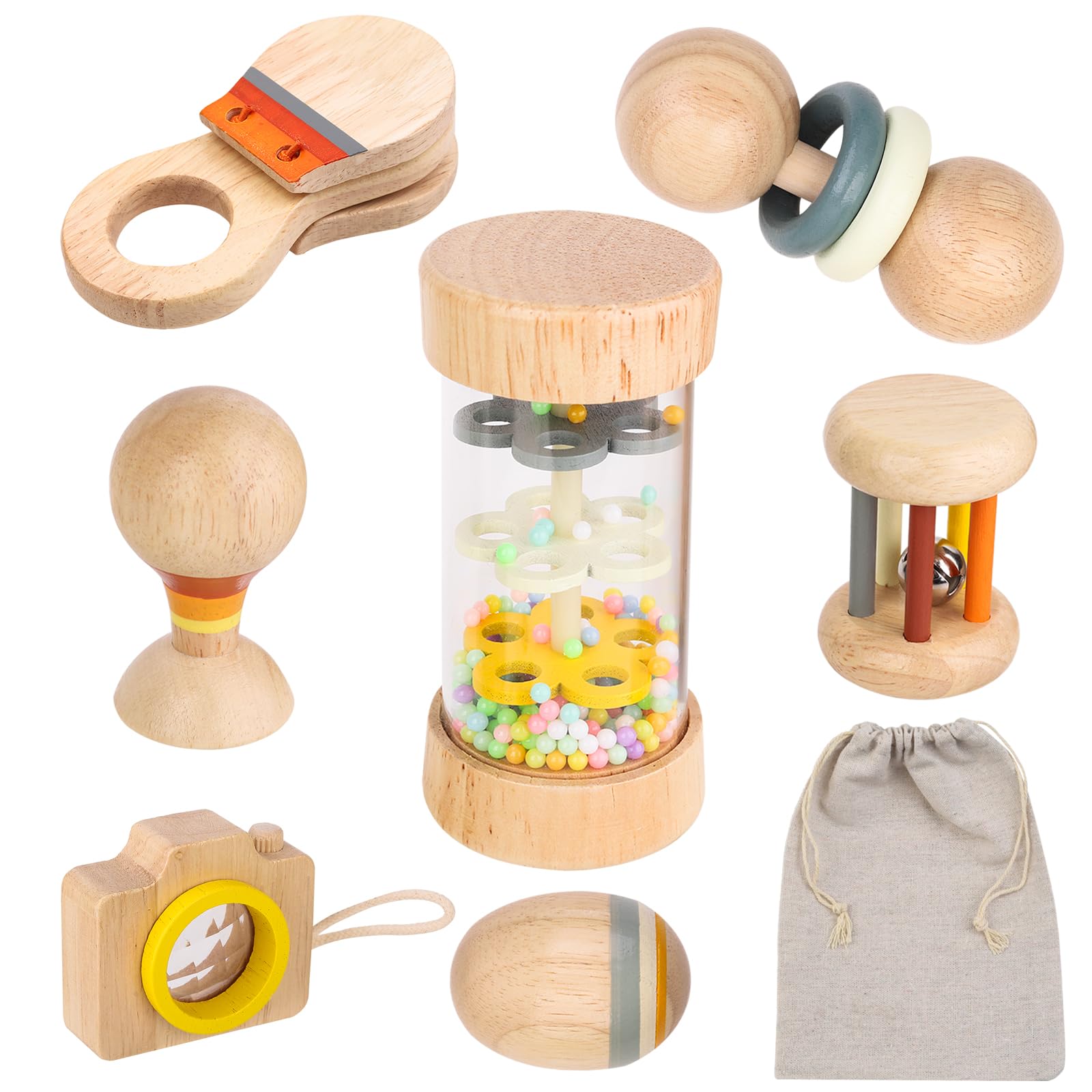 Juego de 7 sonajeros de madera natural para bebé de 0 a 12 meses con bastón de lluvia, sonajero, caleidoscopio y bolsa de tela