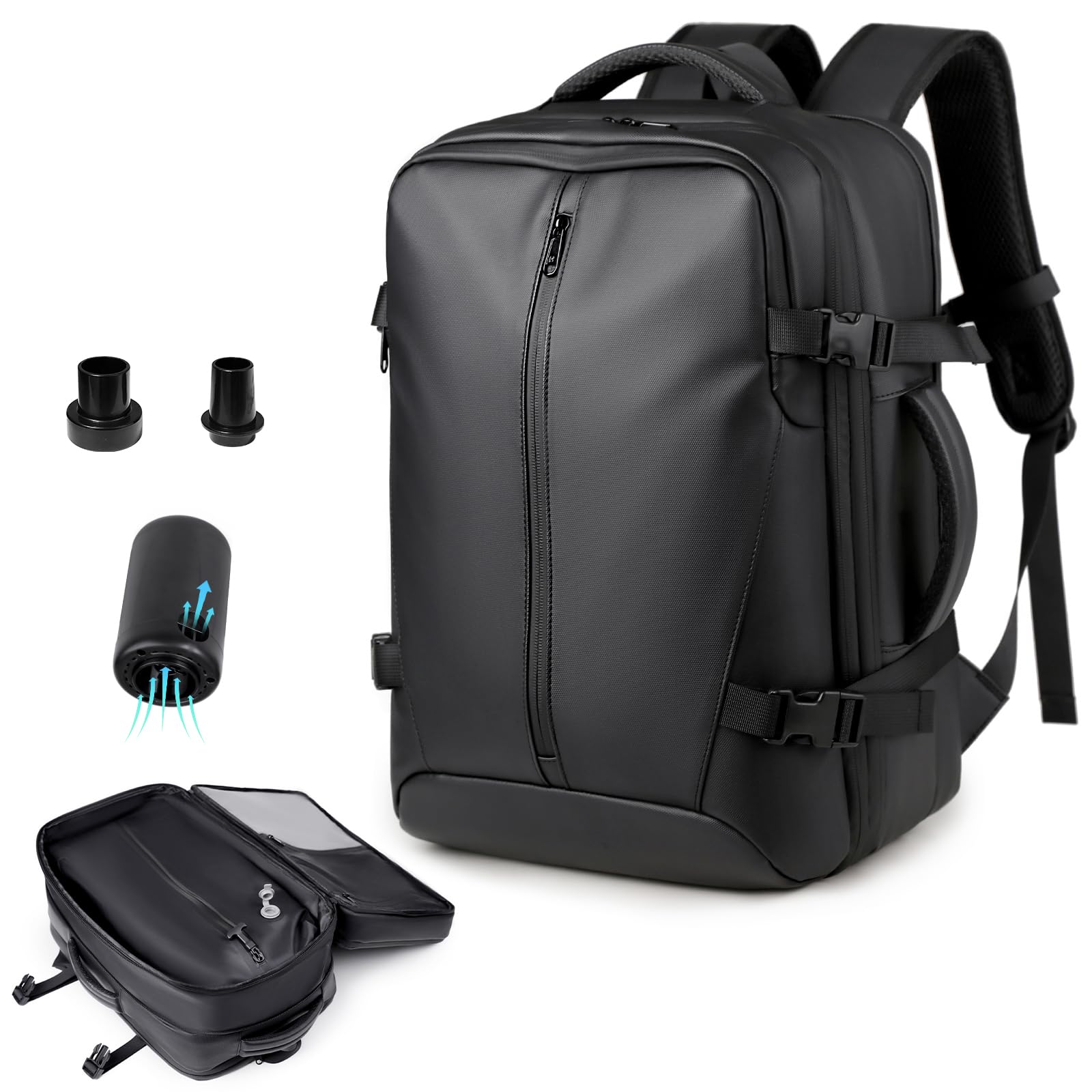 Sac à dos de voyage sous vide avec pompe, compression par airbag, extensible de 36 à 60 L, compatible avec les bagages à main, antivol TSA, pour trekking, travail, pour femmes et hommes, noir
