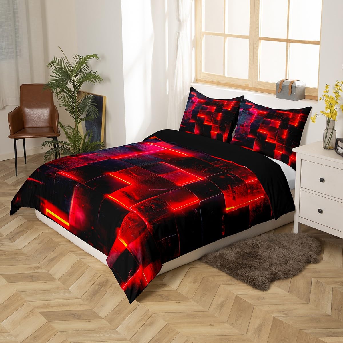 Homewish Black Red Abstract Comforter Cover Gradient Square Bed Set, Grid King Duvet Cover Neon Checkered Bedding Set King - Image 3