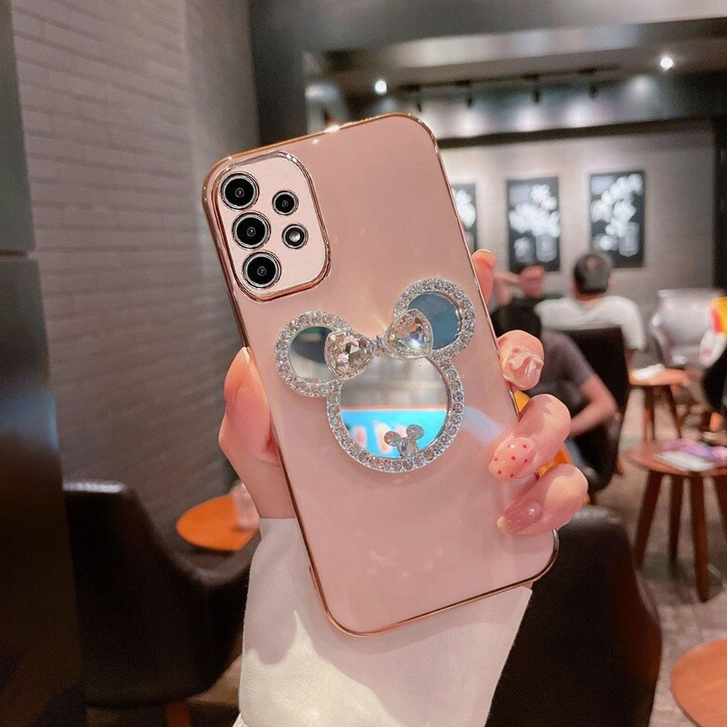 KC Back Cover for Samsung Galaxy A23 4G & Samsung Galaxy A23 5G, Round Mickey Mouse Mirror Electroplated Soft Silicone Camera Protection Case - Pink