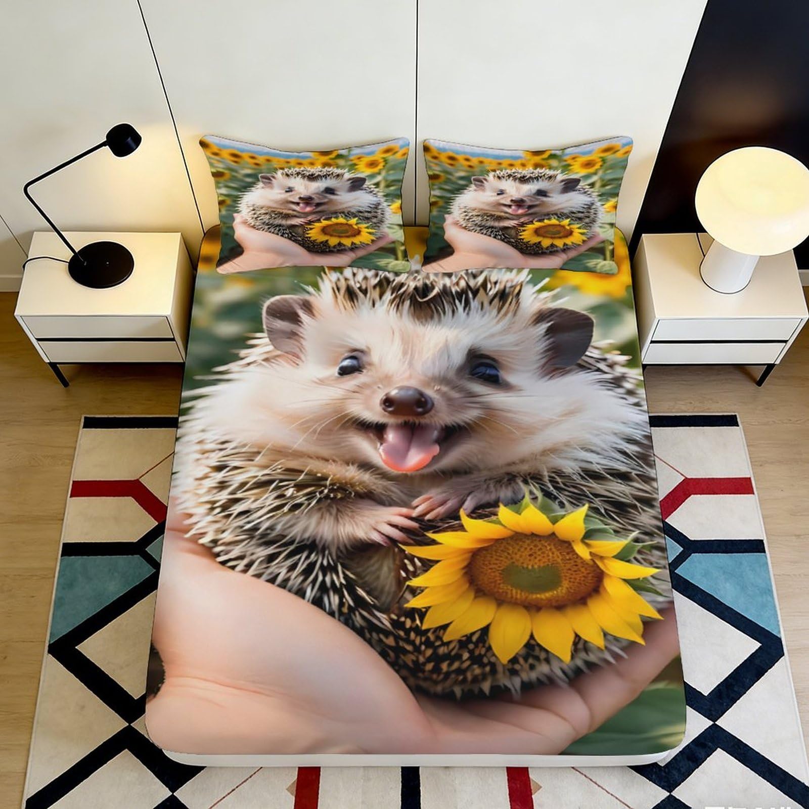 3D Printed Cute Hedgehog Fitted Sheet Microfiber Soft Breathable Sunflower Bed Cover for Bedroom Dormitory Guest Room Mattress Protection Decor 120x200x25cm
