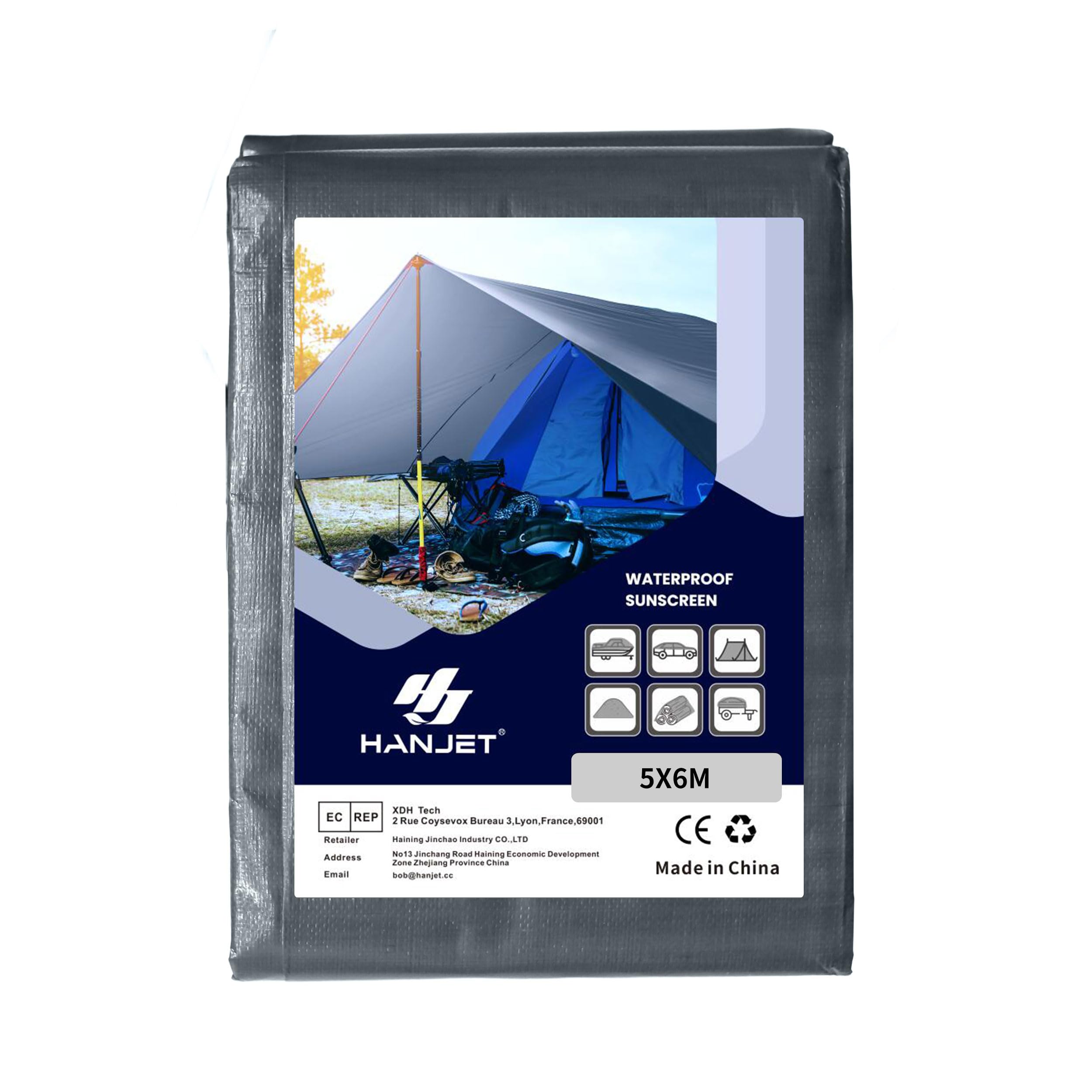 Bâche imperméable - 260 g/m² - Robuste - Gris - En polyéthylène épais - Pour toit de tente et protection pour camping, piscine, bois, voiture, bateau (5 x 6 m)