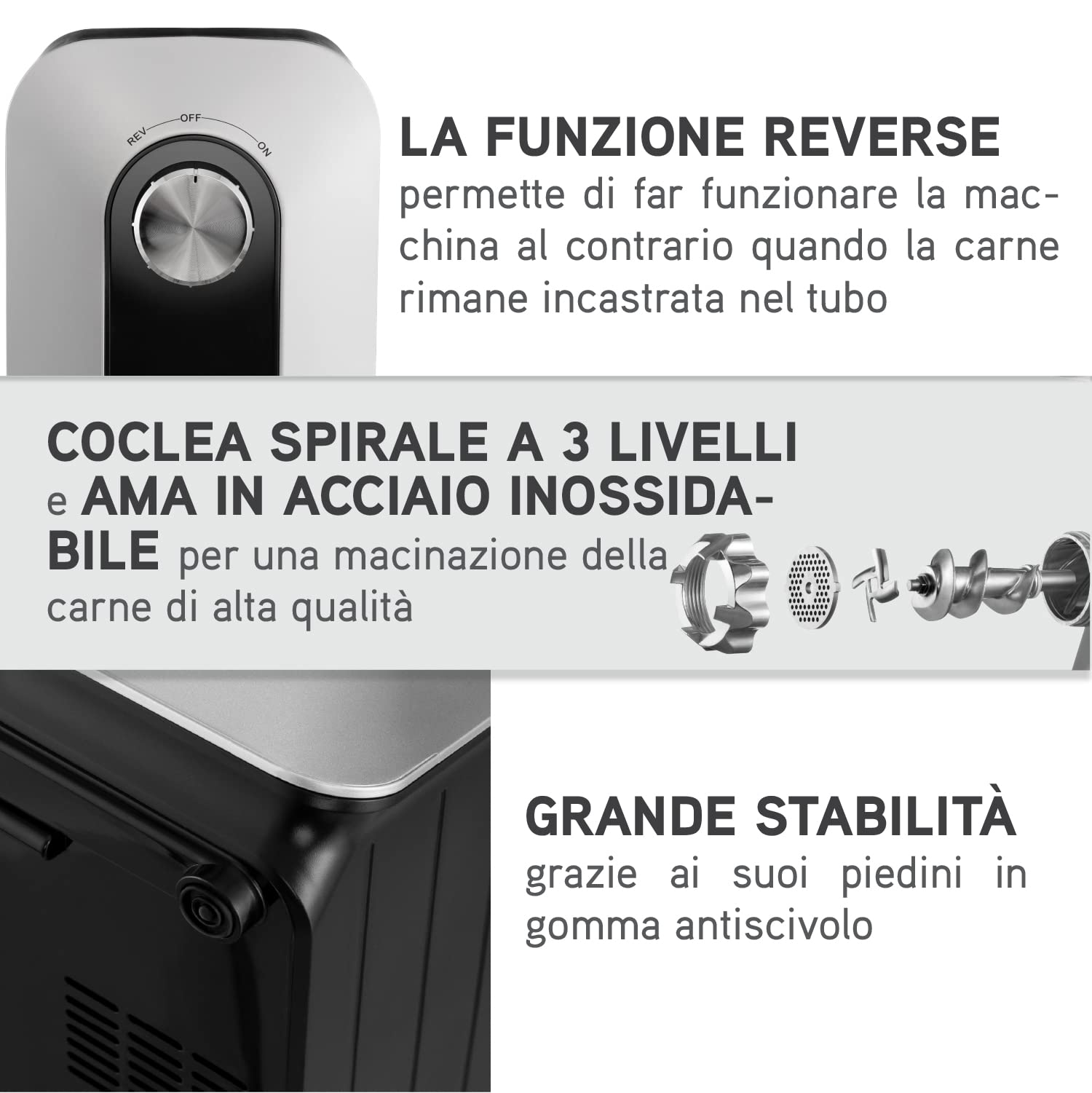 Tritacarne Elettrico 1500W (Nero) - Per Carne e Salsiccia - Robot da Cucina Con 3 Lame e 3 Ugelli - Professionale