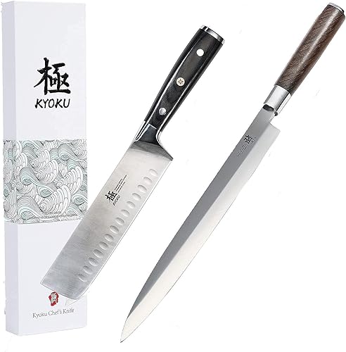 KYOKU Samurai Series - Cuchillo para verduras Nakiri de 7 pulgadas + cuchillo Yanagiba de 10.5 pulgadas, cuchillos japoneses para sushi sashimi,