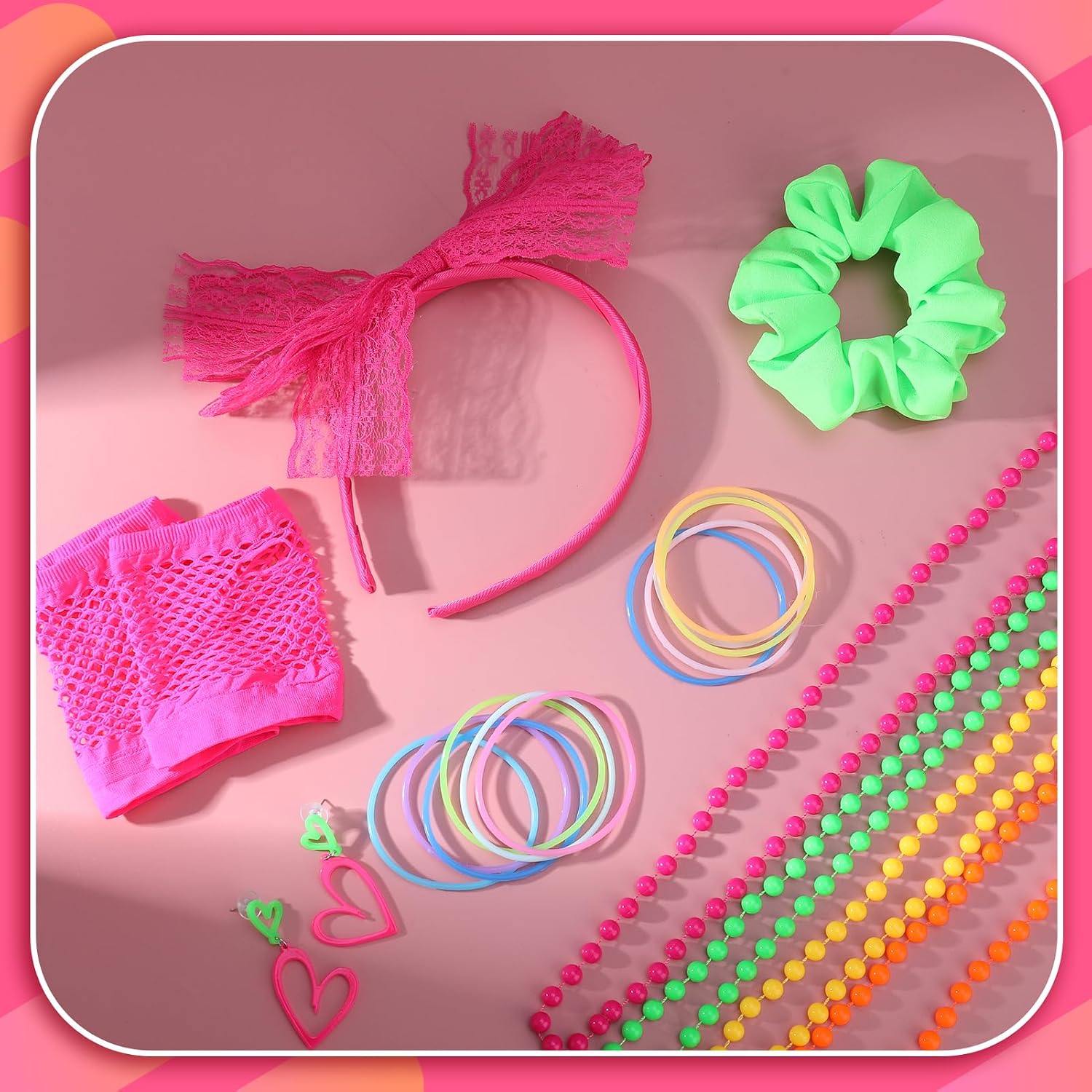 80s Fancy Dress Costume Accessories Vibrant Neon Outfits | Lace Headband Fishnet Gloves Necklace Bracelets Earrings Scrunchies for Party Halloween Theme Costumes Cosplay