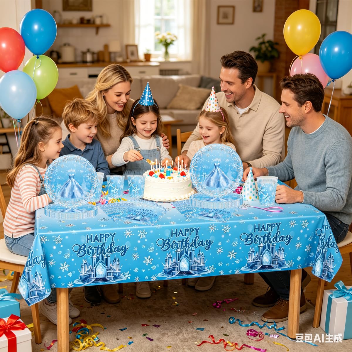 Frozen Stoviglie per feste, 61 pezzi Castello di ghiaccio Stoviglie per compleanni per bambini, Fiocchi di neve Set di piatti di carta per feste, Compresi bicchieri, tovaglioli e tovaglie