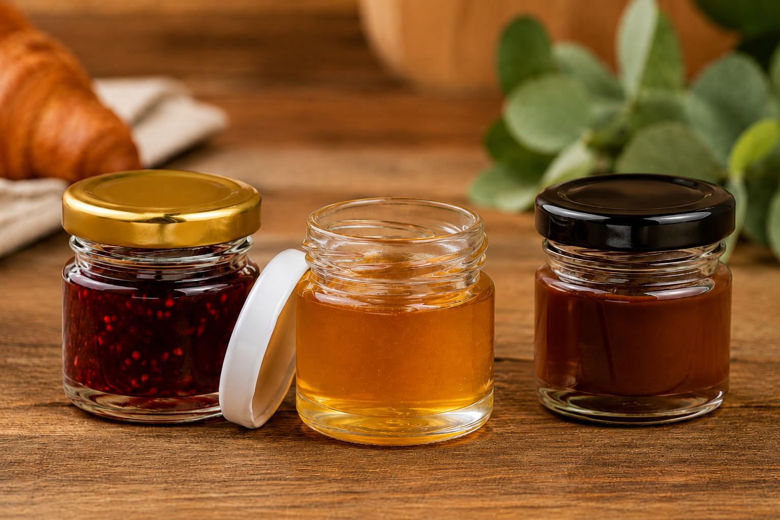 Made in Home - Lot de 100 Mini Pots en Verre de 40 ml à Épices avec Couvercle à Visser, Bocaux Ronds à Confiture et Miel (Couvercles Dorés)