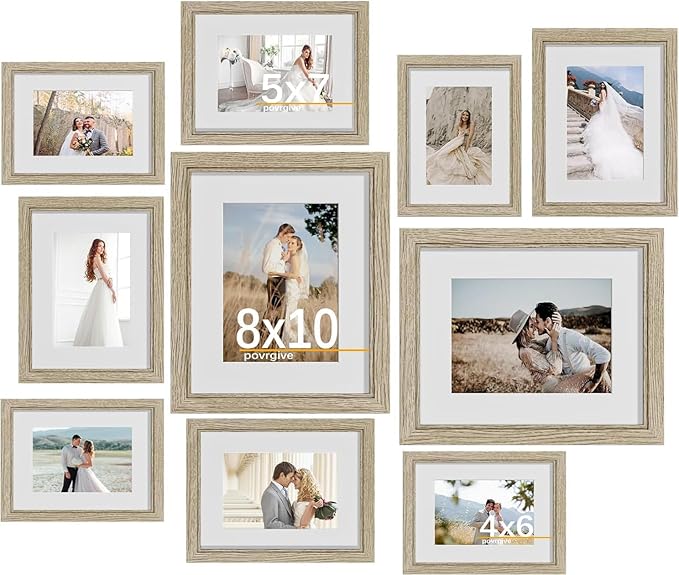 10 Pack Picture Frames Collage Wall Decor - Gallery Wall Frame Set with Mat for Wall Mounting or Tabletop Display, Including Two 8x10, Four 5x7, Four 4x6 Photo Frames, Real Glass